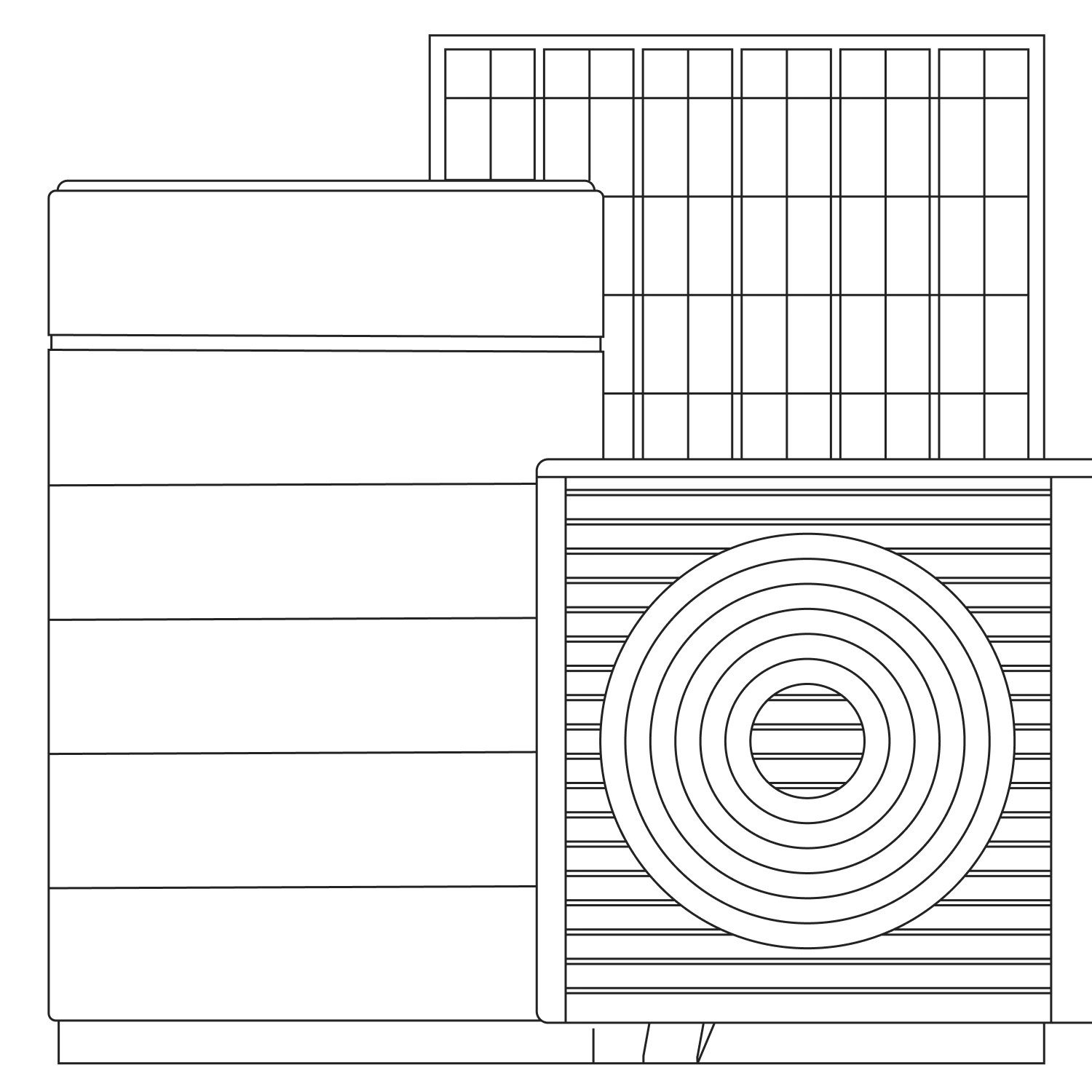 Schwarz-weiße Illustration eines Klimageräts mit Kühler, Gebläse und Wärmetauscher.