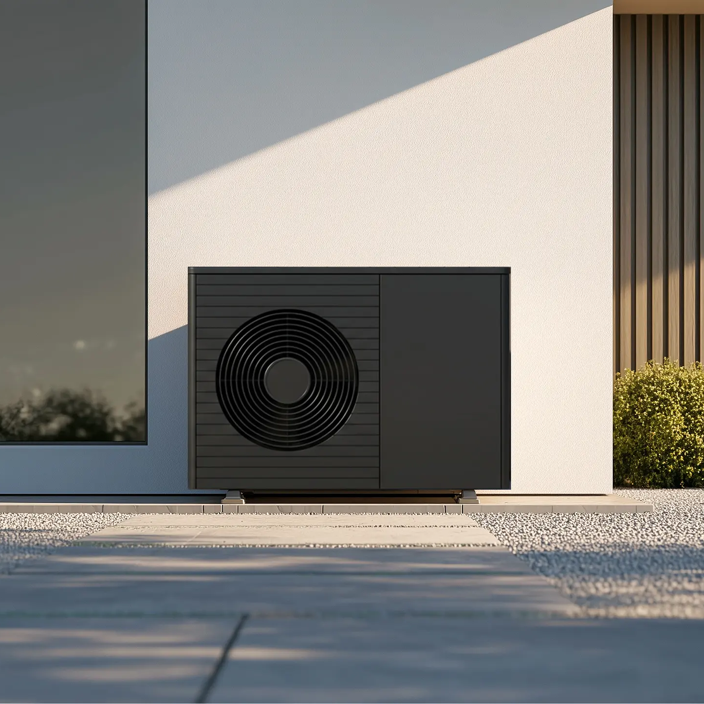 Moderne, schwarze Wärmepumpe an der Außenwand eines weißen Hauses mit einer Glasfläche links und einem Holzelement rechts.