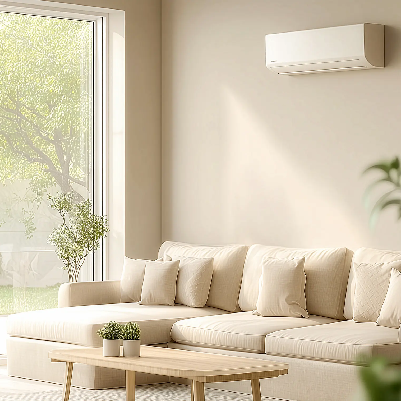 Helles Wohnzimmer mit beigem Ecksofa, Holztisch, zwei kleinen Pflanzen und einer an der Wand montierten Klimaanlage.