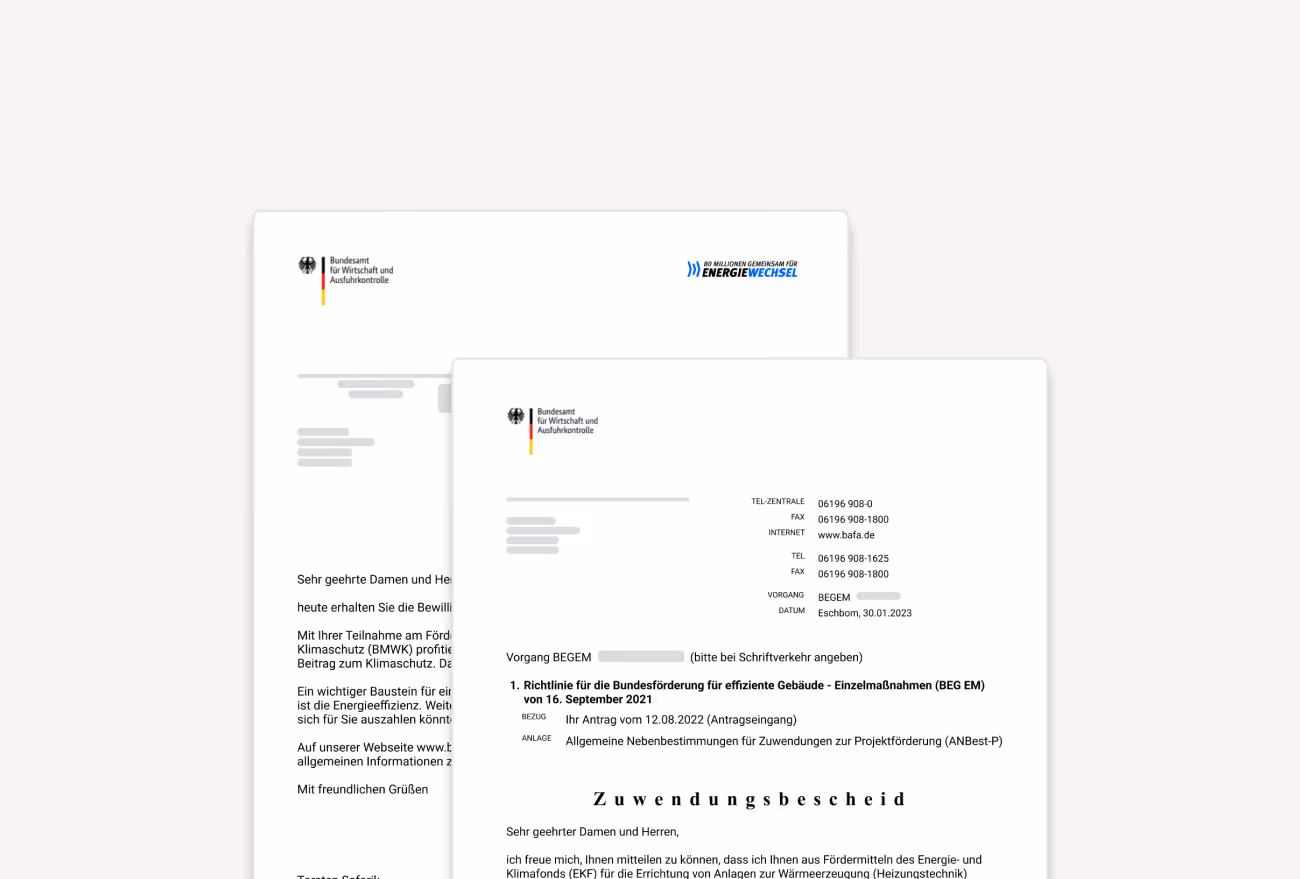 Zwei Briefe des Bundesamts für Wirtschaft und Ausfuhrkontrolle mit Förderbescheiden zum Energiewechsel.