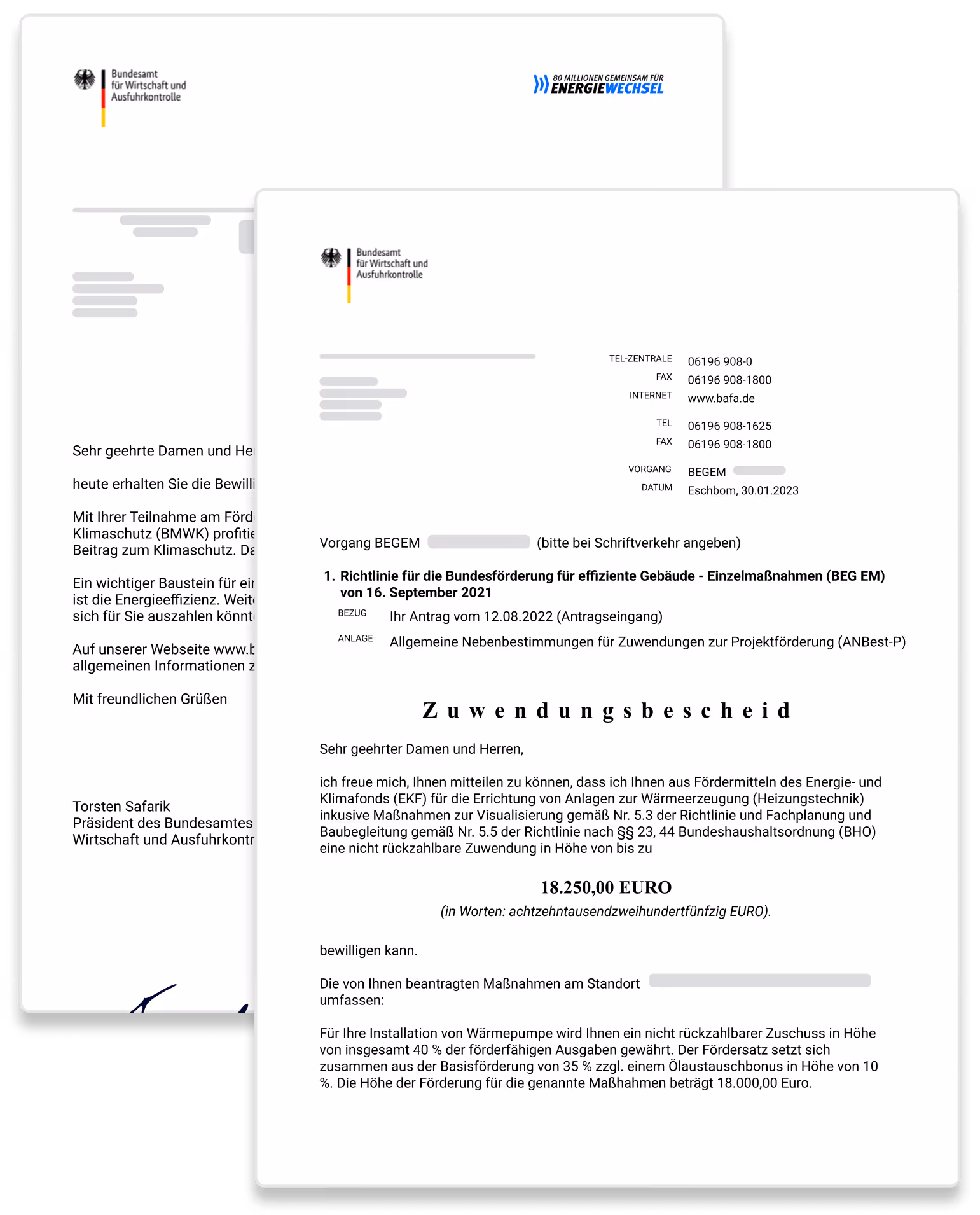 Bewilligungsschreiben des Bundesamtes für Wirtschaft und Ausfuhrkontrolle über einen nicht rückzahlbaren Zuschuss von 18.250 Euro für Wärmeerzeugung und Wärmepumpeninstallation im Rahmen der Bundesförderung für effiziente Gebäude.