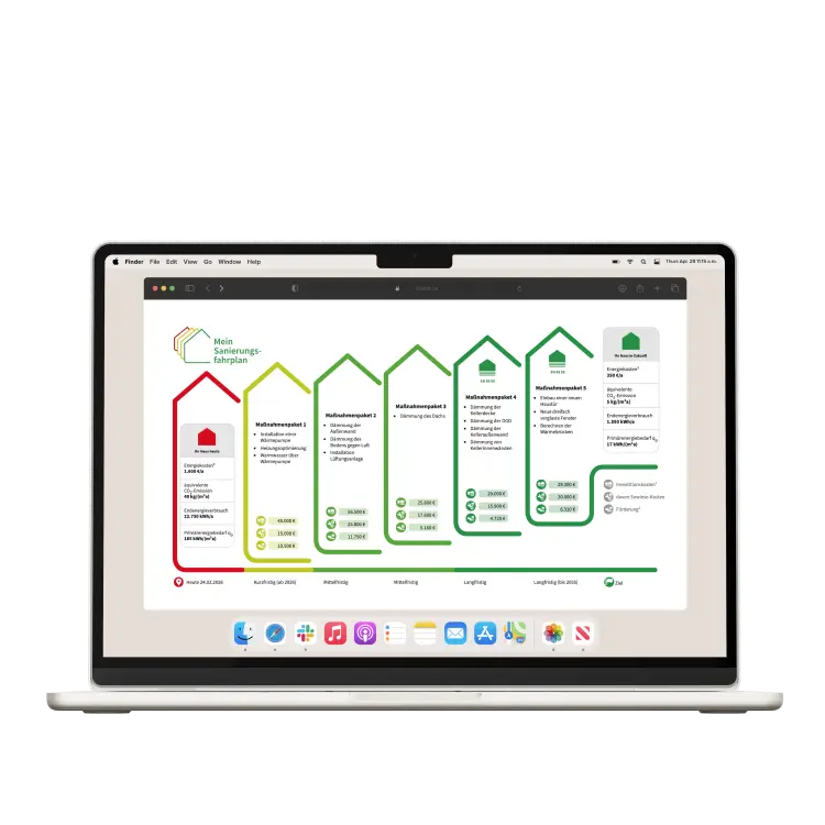 MacBook mit einem Screenshot eines Sanierungsfahrplans, der verschiedene Maßnahmenpakete zur Energieeinsparung und Kostenschätzung darstellt.