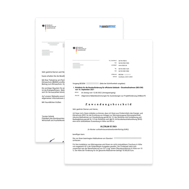Zwei offiziell aussehende Schreiben des Bundesamts für Wirtschaft und Ausfuhrkontrolle zur Förderung von effizienten Gebäuden mit Förderbescheid über 18.250 Euro.