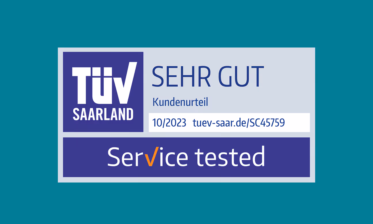 TÜV Saarland Prüfzeichen mit Bewertung sehr gut und Kundenurteil, inklusive Service geprüft und Link 10/2023 tuev-saar.de/SC45759.