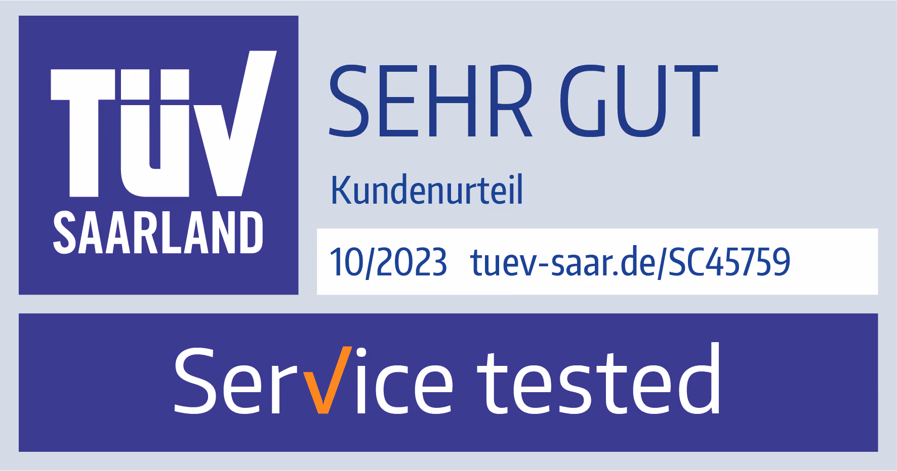 TÜV Saarland Prüfzeichen mit der Bewertung sehr gut und Kundenurteil, inklusive Link und Service tested Schriftzug.