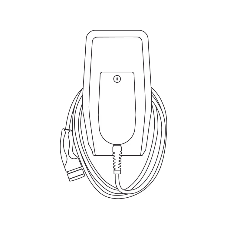 Strichzeichnung einer Wandladestation mit aufgerolltem Ladekabel und Stecker.