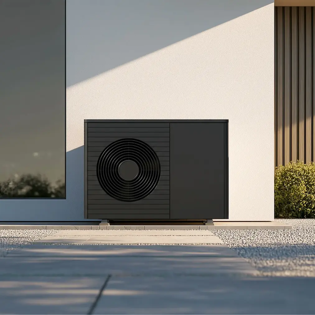 Moderne schwarze Wärmepumpe vor einem weißen Haus mit Fenster und Holzwandverkleidung.