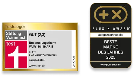 Testsieger Stiftung Warentest label awarding Buderus Logatherm WLW186i-10 AR E as 'Gut (2,3)' in 5 Luft/Wasser-Wärmepumpen test, plus Plus X Award badge for Beste Marke des Jahres 2025.