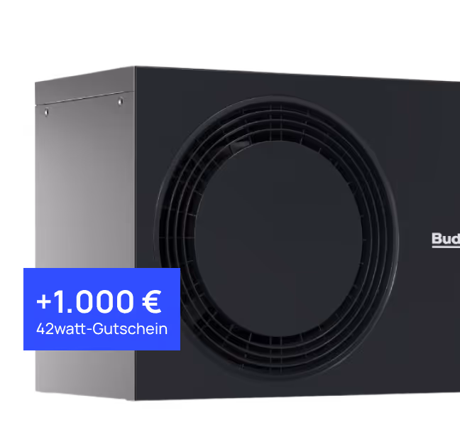 Schwarzes rechteckiges Gerät mit großem Lüfter an der Vorderseite und blauem Etikett mit +1.000 € 42watt-Gutschein.