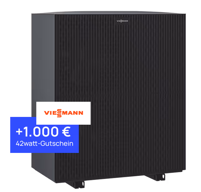 Schwarze Viessmann Wärmepumpe mit einem blauen Banner, der einen 1.000 € 42watt-Gutschein anbietet.