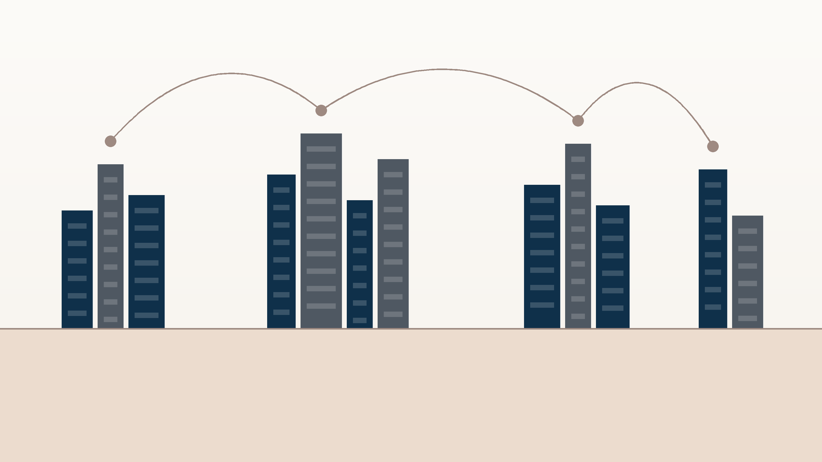 Illustration graphique de silhouettes d'immeubles bleu marine reliées par des arcs taupe évoquant un patrimoine immobilier réparti en Europe