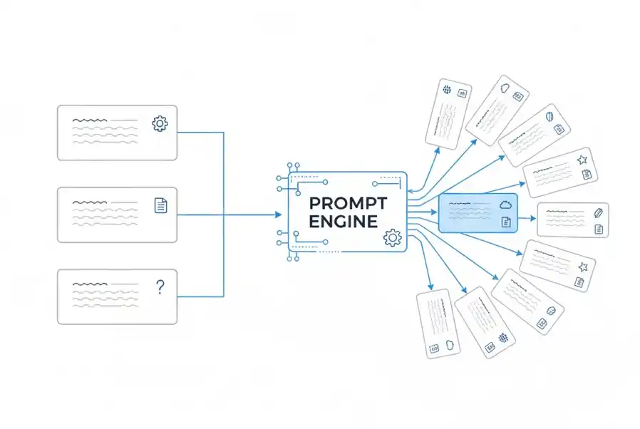 Diagram showing three input blocks feeding into a central 'Prompt Engine' box, which then outputs multiple interconnected cards representing various processed prompts or data.