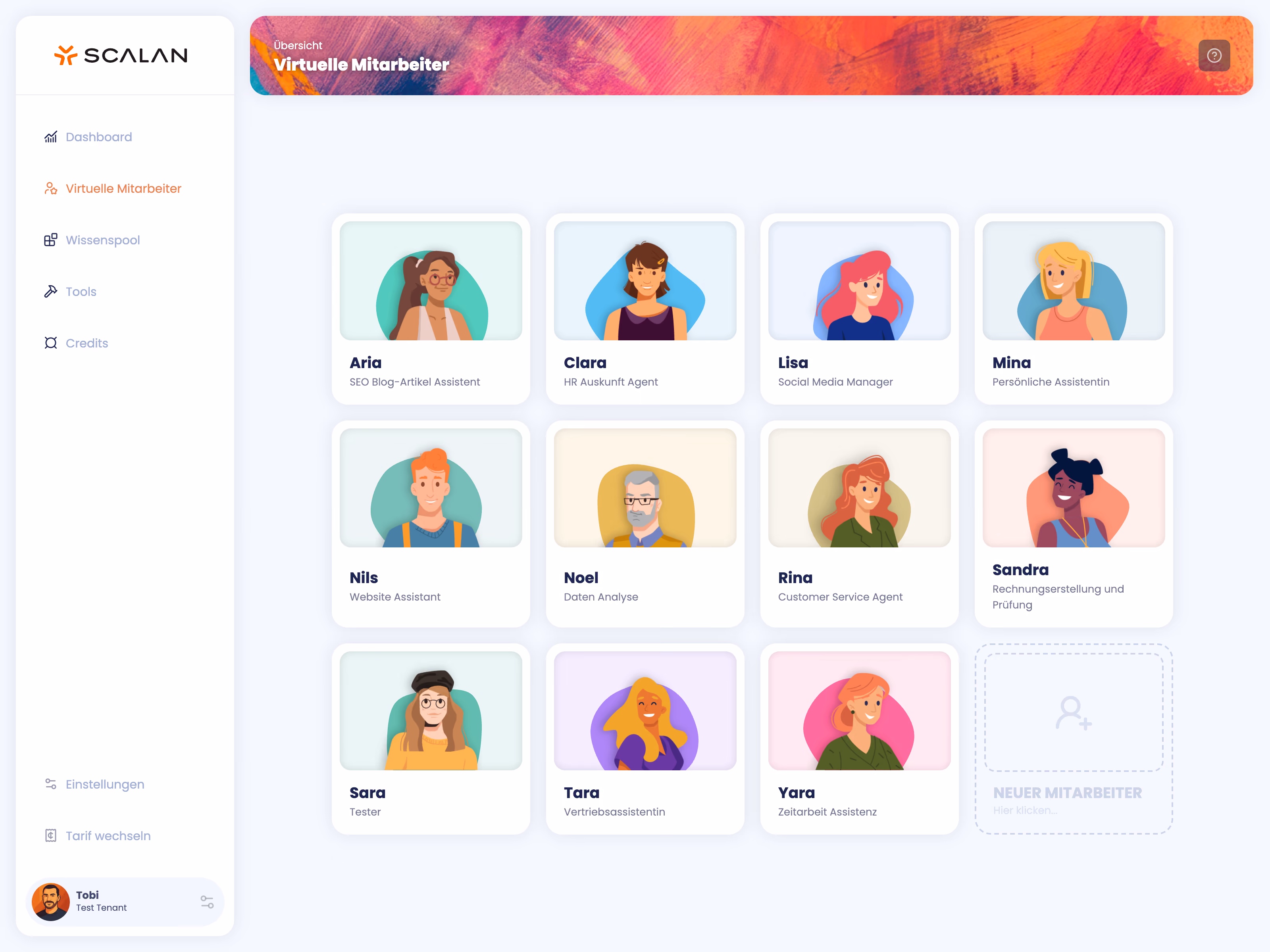 Dashboard-Oberfläche, die die virtuellen KI-Mitarbeiter Theo, Dave, Sandra, Anna, Lisa und Easy mit aufgelisteten Rollen und einer Option zum Hinzufügen eines neuen KI-Mitarbeiters zeigt.