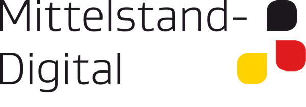 Mittelstand Digital Logo mit gelben und roten geometrischen Formen.