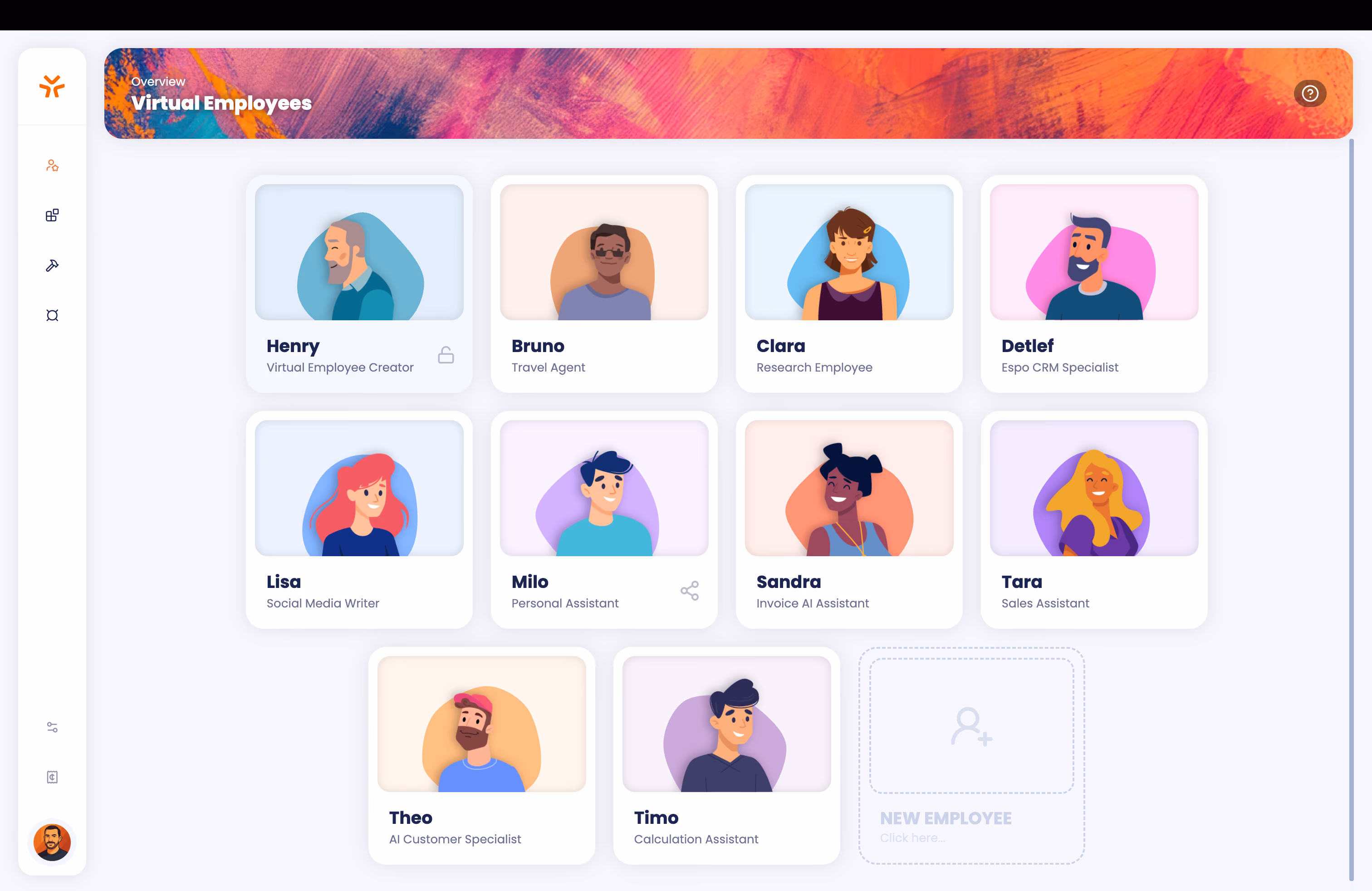 Dashboard interface showing virtual ai employees Theo, Dave, Sandra, Anna, Lisa, and Easy with roles listed, and an option to add a new ai employee.