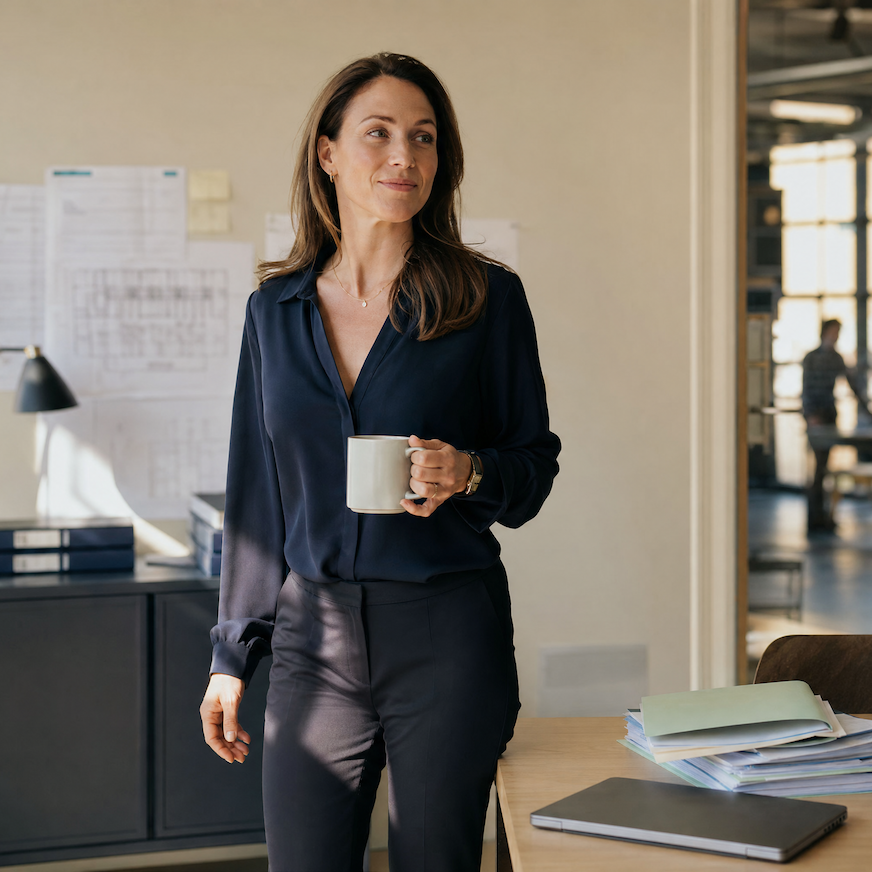 Illustration of a ai employee as a smiling woman with dark hair in two buns against a green abstract shape, labeled Sandra, Invoice Expert.