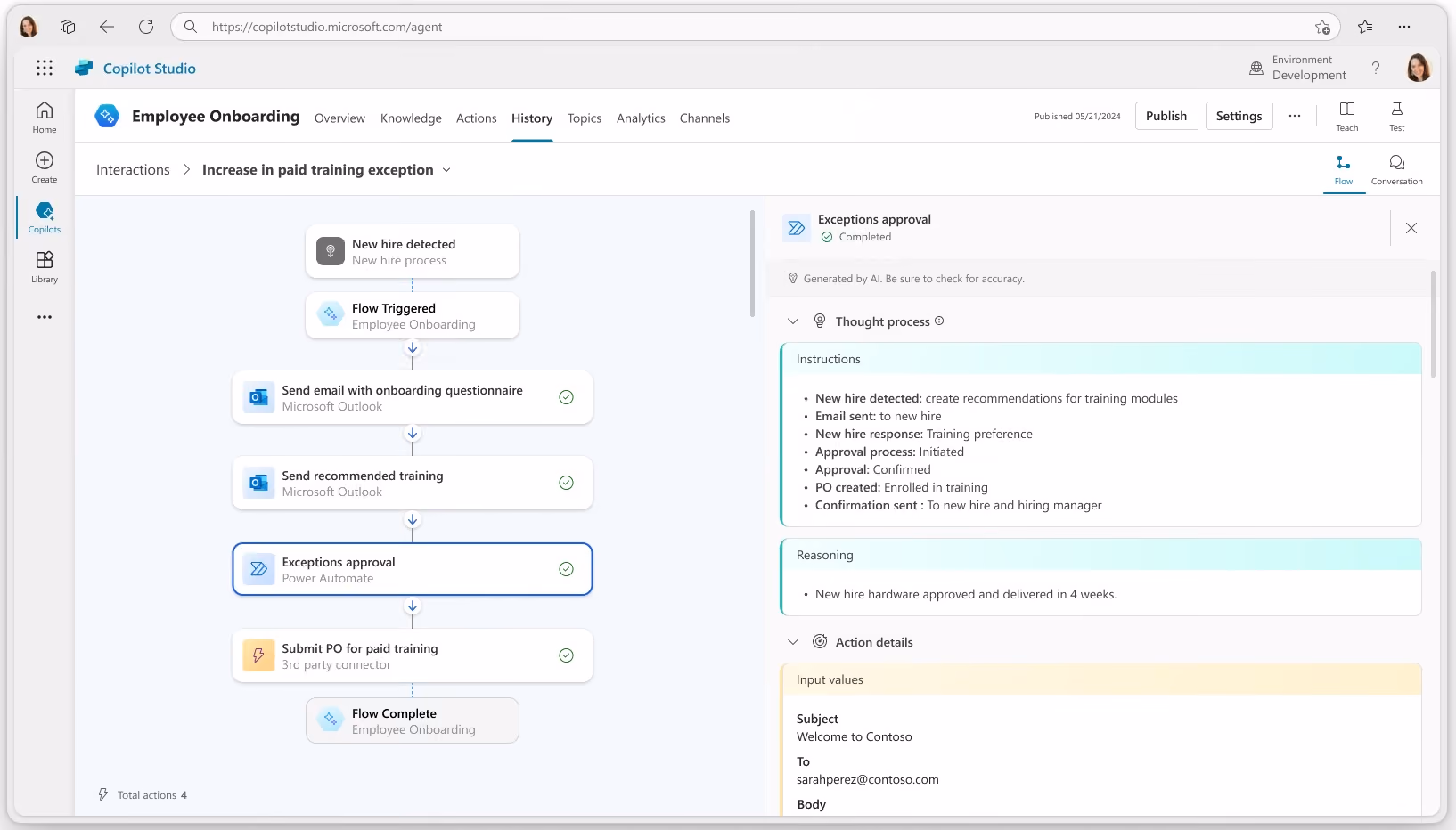 Screenshot eines Copilot Studio Flows. 