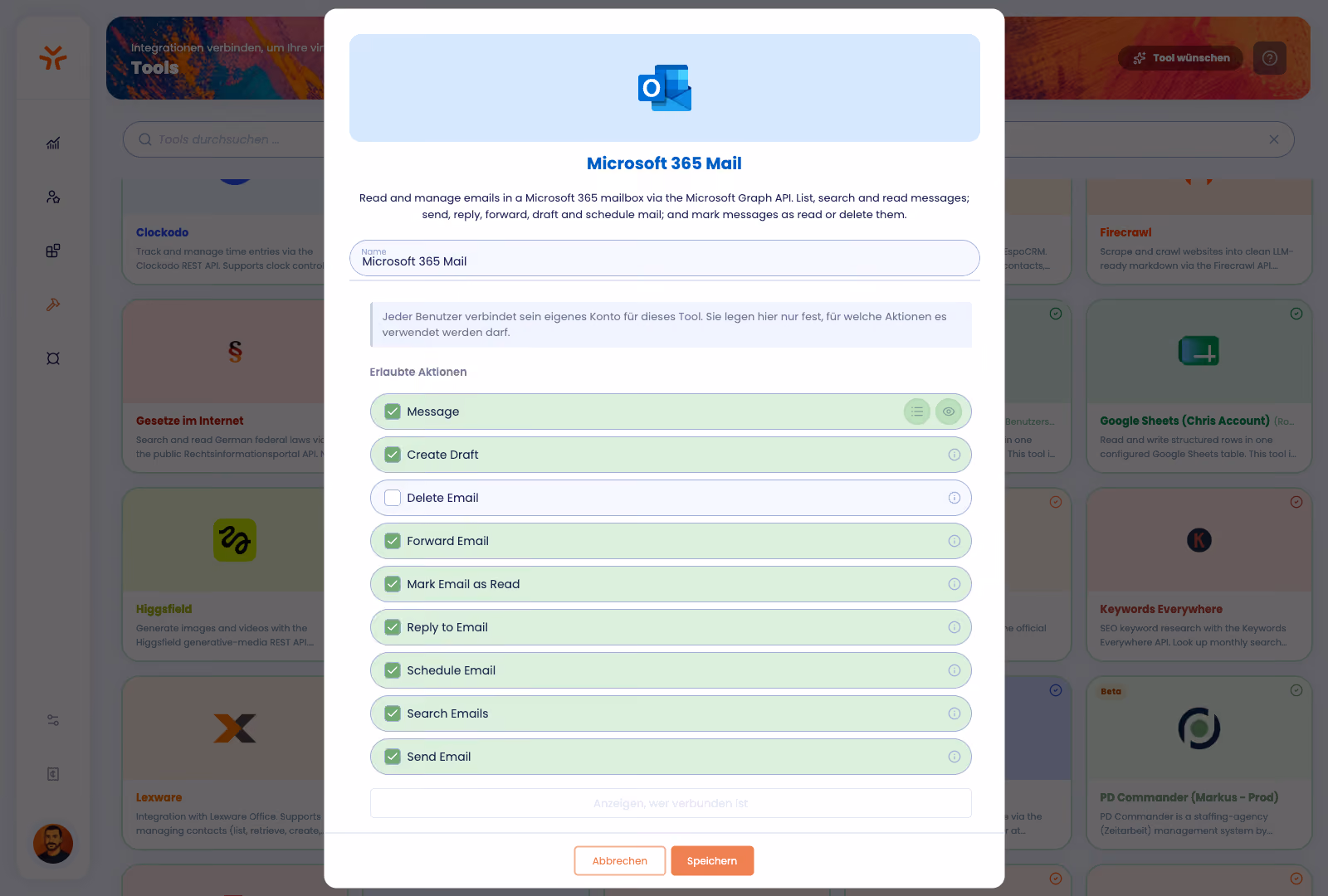 User interface pop-up with tools with options to create, read, update, delete, and list events selected.