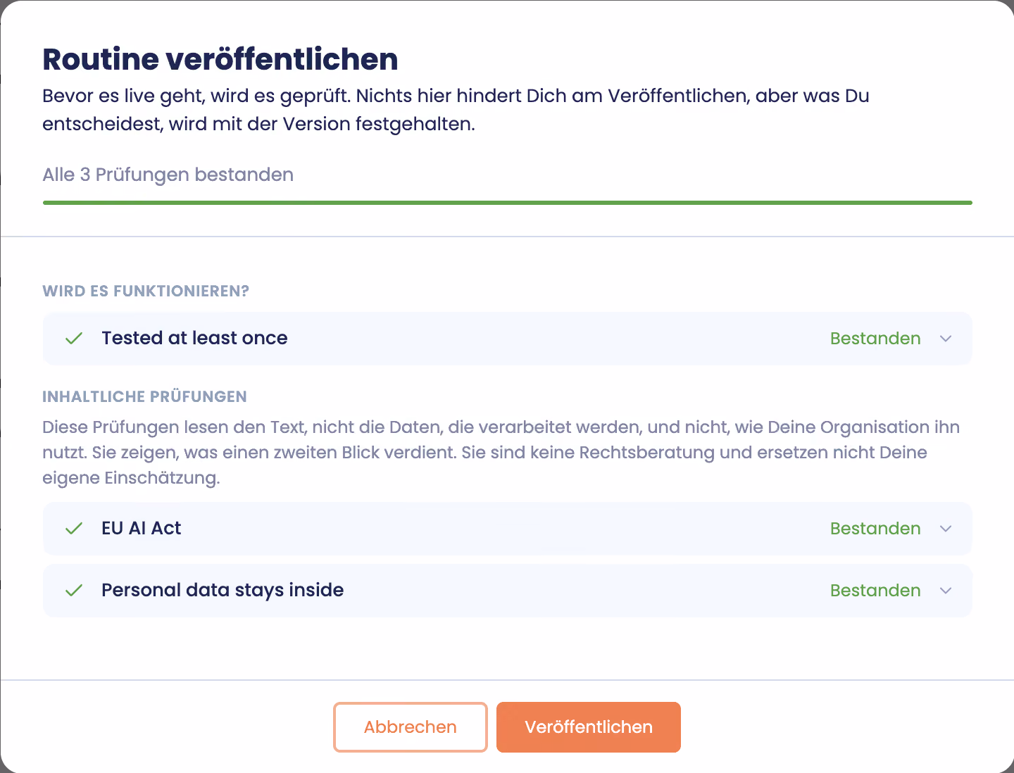SCALAN Veröffentlichung: Dialog zur Dokumentation einer Änderung vor der Freigabe.