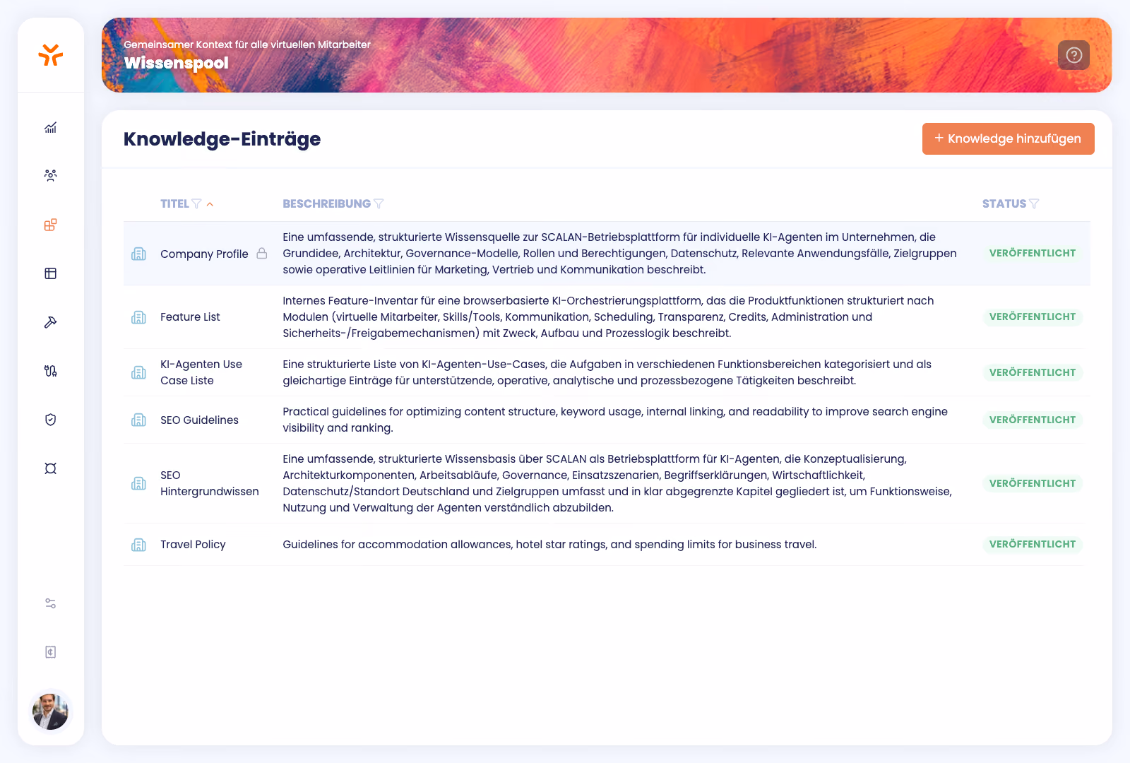 SCALAN Wissenszuordnung: Fachwissen und Unternehmensinformationen eines KI-Agenten.