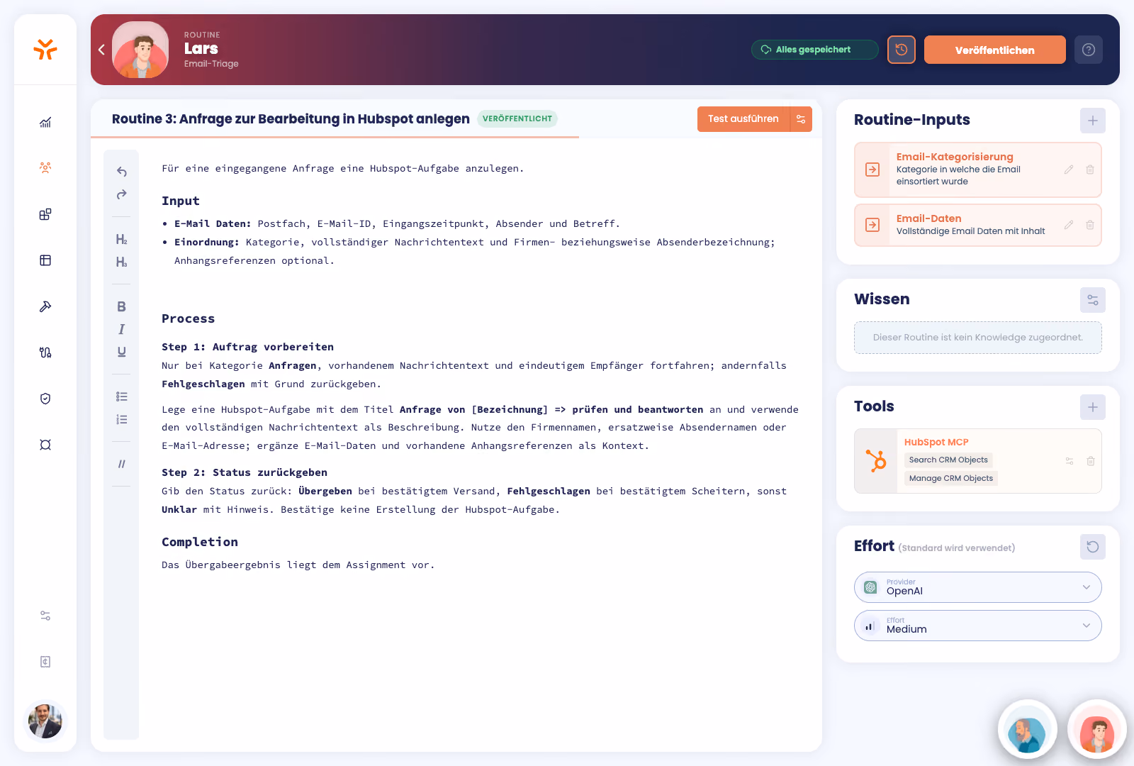 SCALAN Routineneditor: HR-Richtlinienauskunft mit Prozessbeschreibung, Eingaben, Wissen und Werkzeugen.