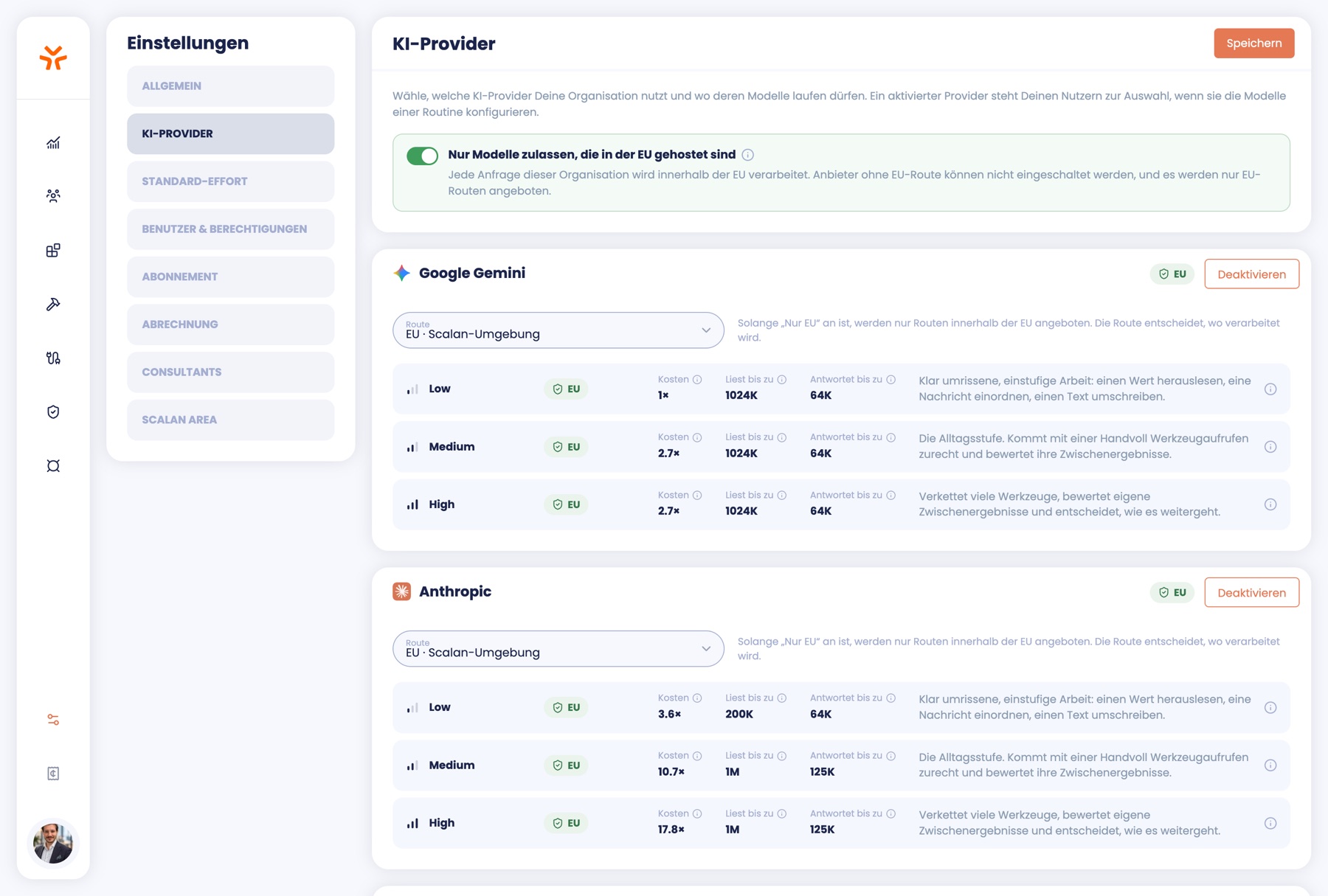 SCALAN Einstellungen KI-Provider: Schalter für reine EU-Verarbeitung, Google Gemini und Anthropic mit Kosten je Stufe.