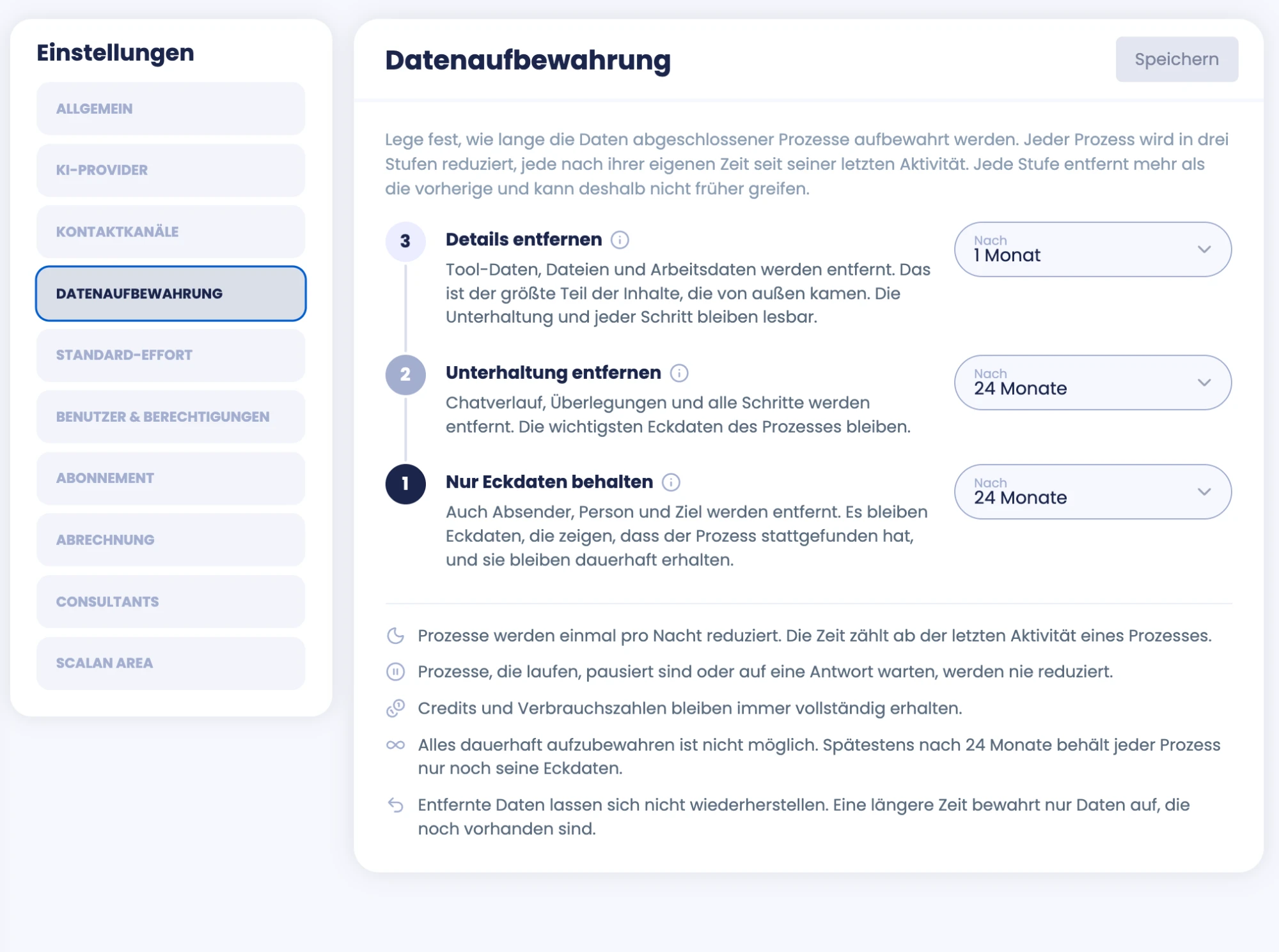 Einstellung Datenaufbewahrung: abgeschlossene Vorgänge werden in drei Stufen reduziert