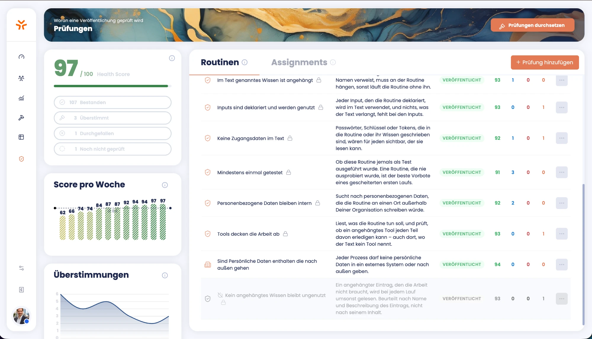 Prüfungen in SCALAN: Health Score, Score pro Woche, Überstimmungen und eine eigene Prüfung zu persönlichen Daten