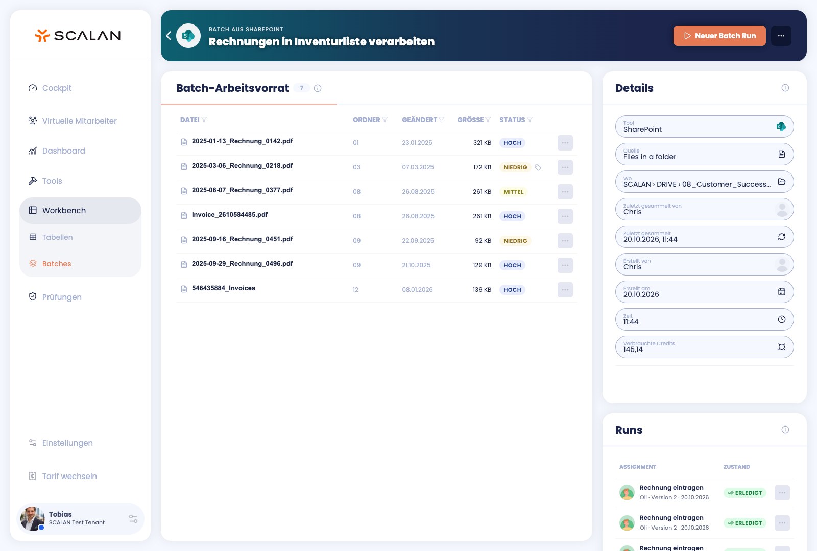 Batch aus SharePoint: Arbeitsvorrat mit Dateien, Status, Läufen und verbrauchten Credits