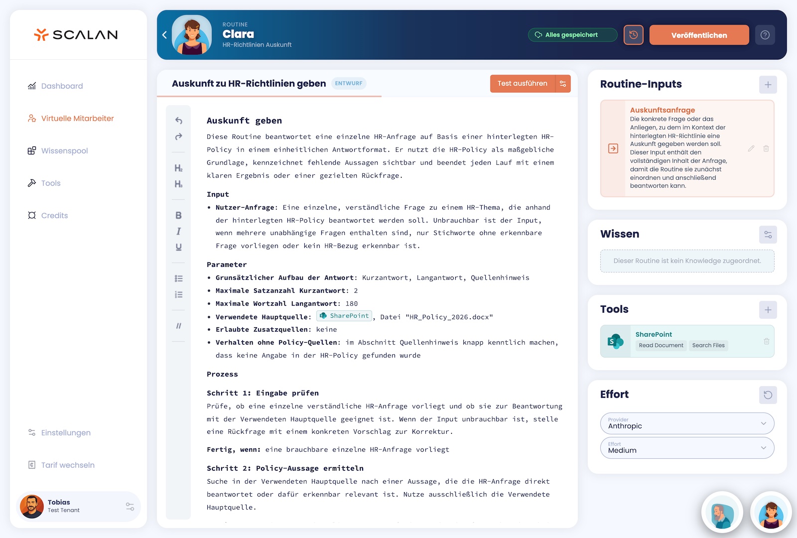 Routine-Editor im Entwurf mit Testlauf, Versionsverlauf und Veröffentlichen