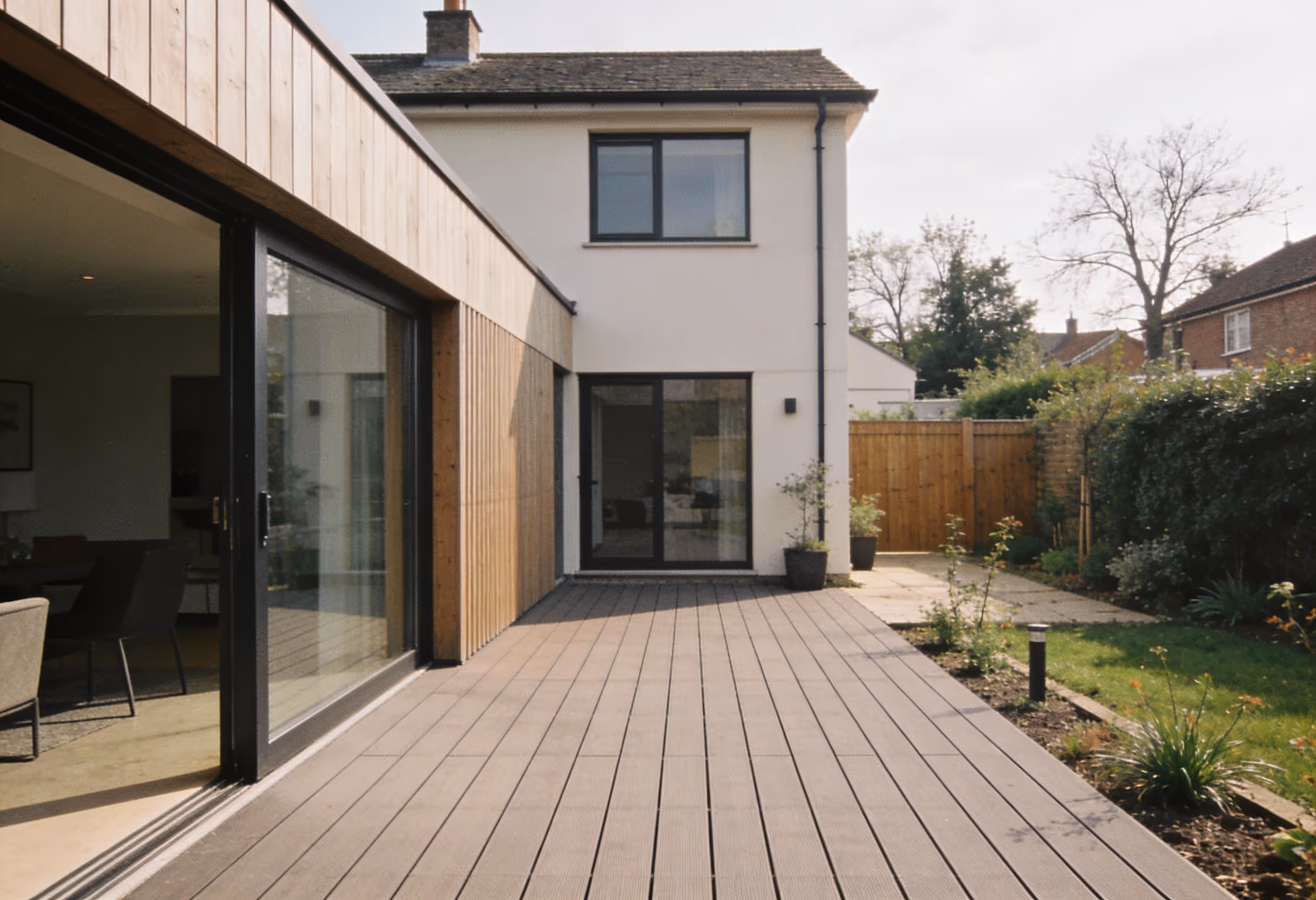 Moderne Terrasse mit zwei Pflanzen in Töpfen vor einem weißen Haus mit großer Glasschiebetür und Gartenzaun im Hintergrund.