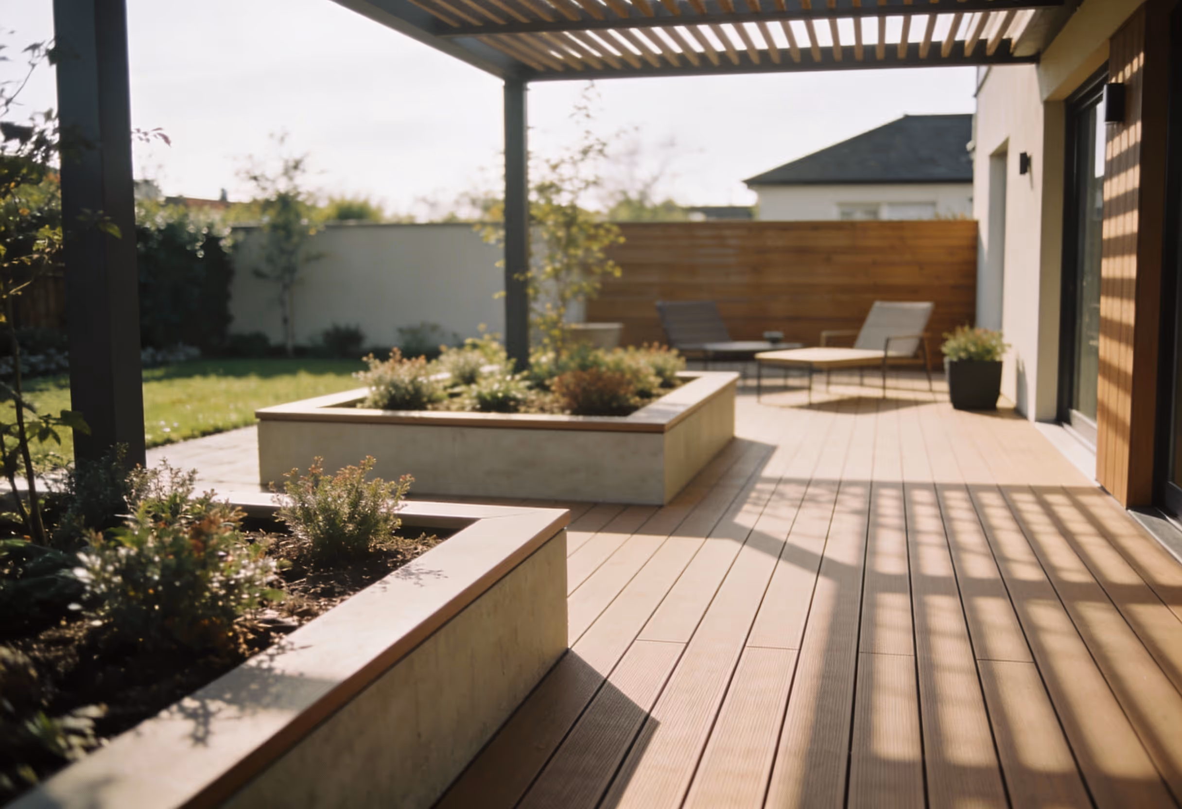 Moderne WPC Terrasse mit zwei Hochbeeten mit Pflanzen, Pergola und Gartenmöbeln im Sonnenschein.
