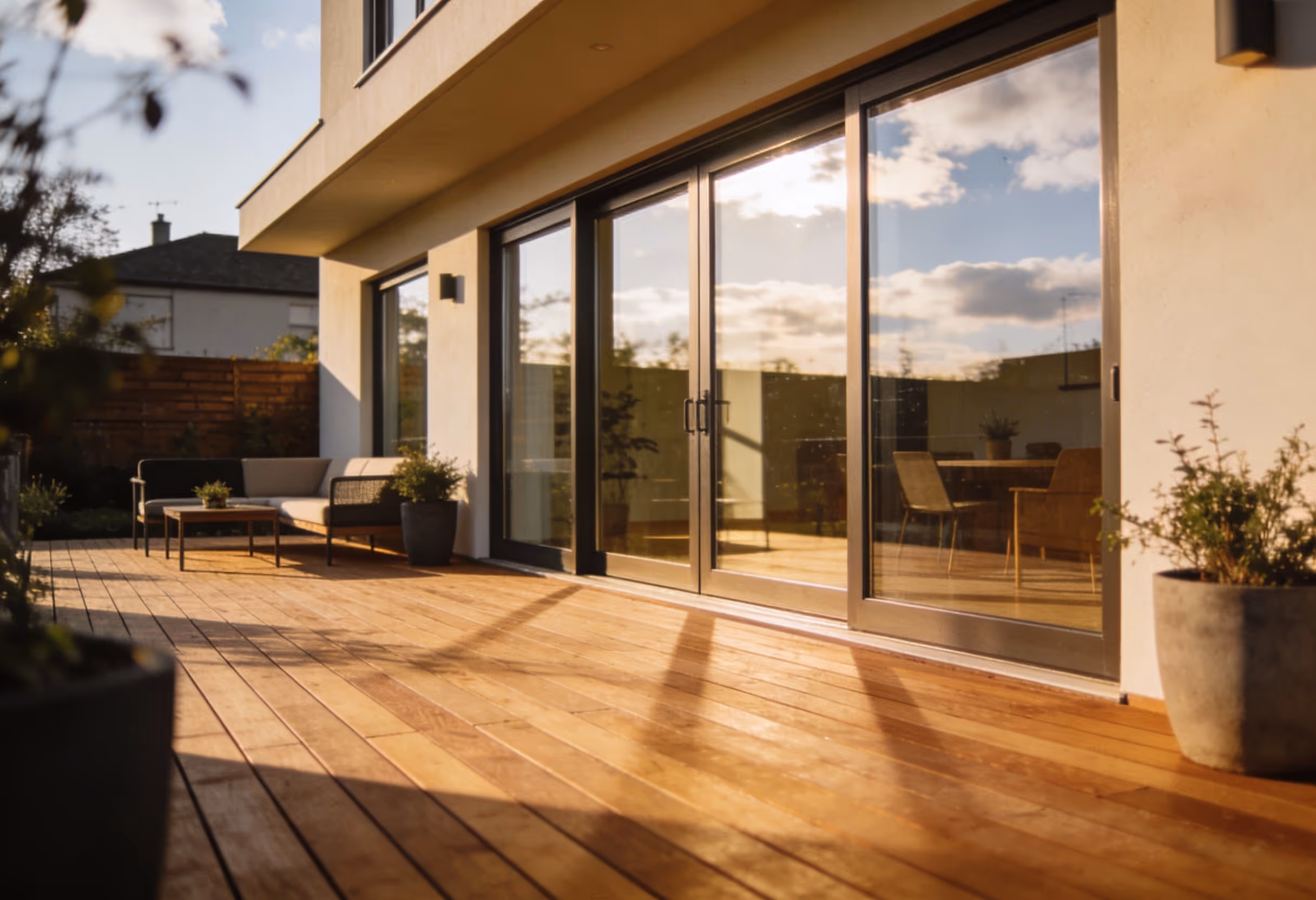 Holzterrasse mit modernem Sofa, Tisch und großen Glasschiebetüren bei Sonnenuntergang.