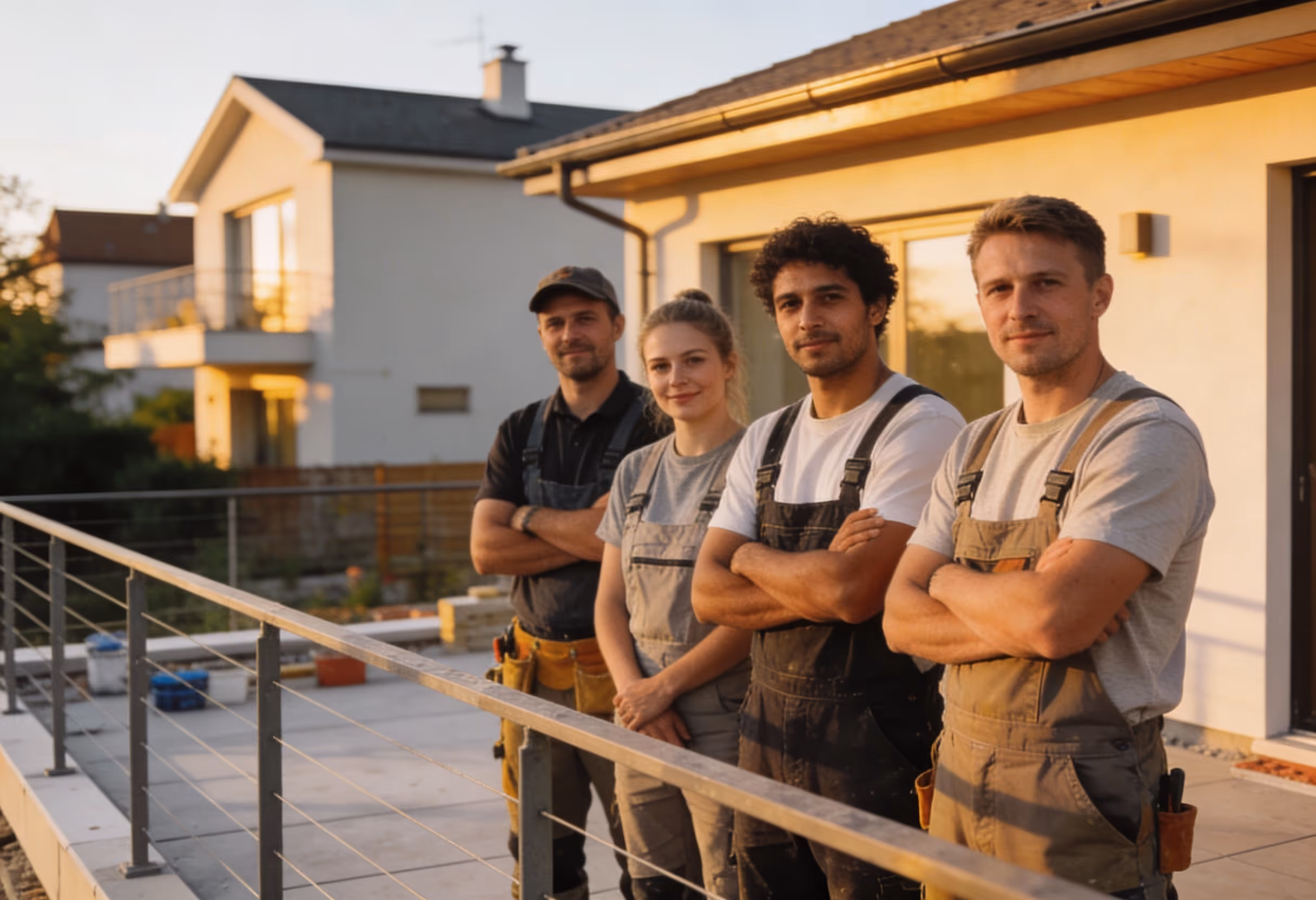 Vier Handwerker in Arbeitskleidung stehen mit verschränkten Armen auf einer Terrasse vor einem Haus im Morgenlicht.