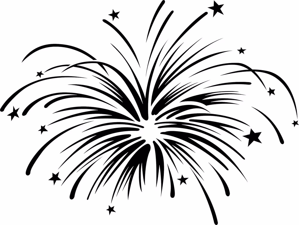 Black and white stylized firework burst with star shapes.