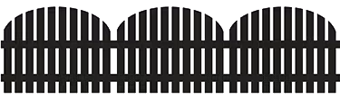 Black wooden fence with pointed pickets and curved top sections in a row.