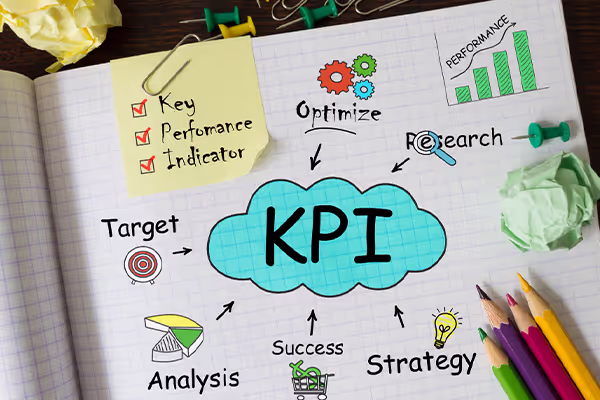 Illustration des KPIs SEO avec des éléments liés à l’optimisation, l’analyse et la stratégie digitale