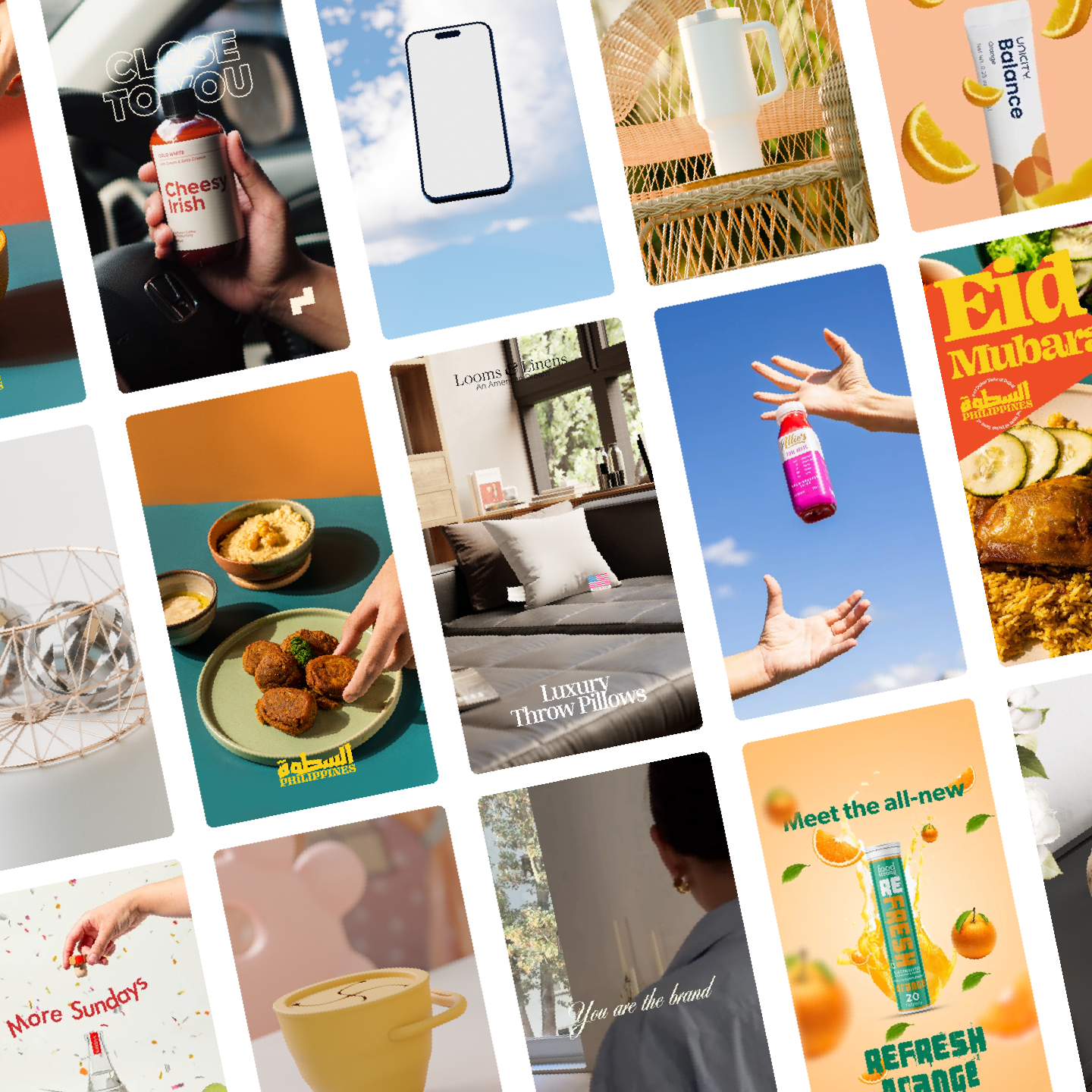 Collage of lifestyle and product images including beverages, food, home decor, and festive themed advertisements.