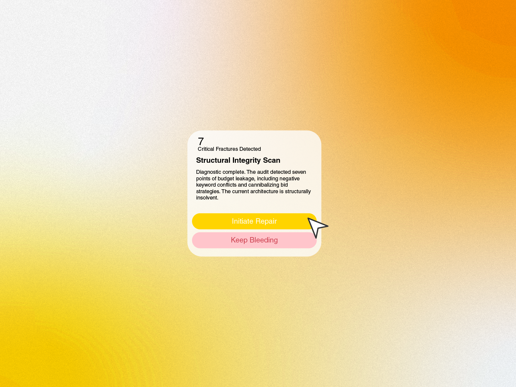 Popup window showing structural integrity scan results with 7 critical fractures detected and options to initiate repair or keep bleeding.