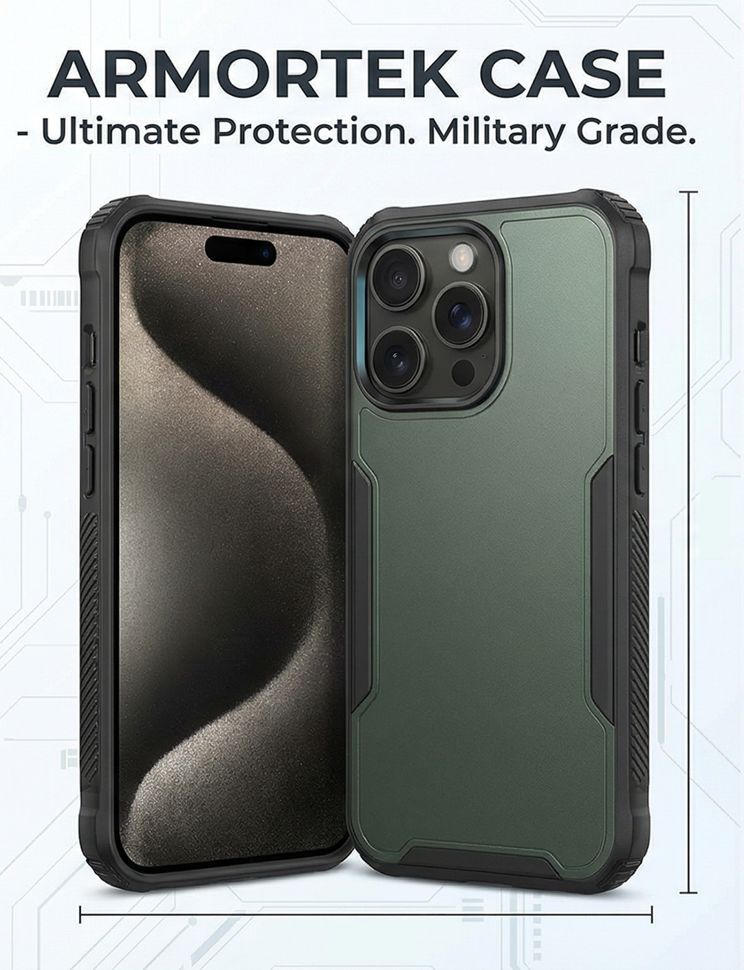 Green and black military-grade Armortek protective phone case with reinforced corners on a smartphone.
