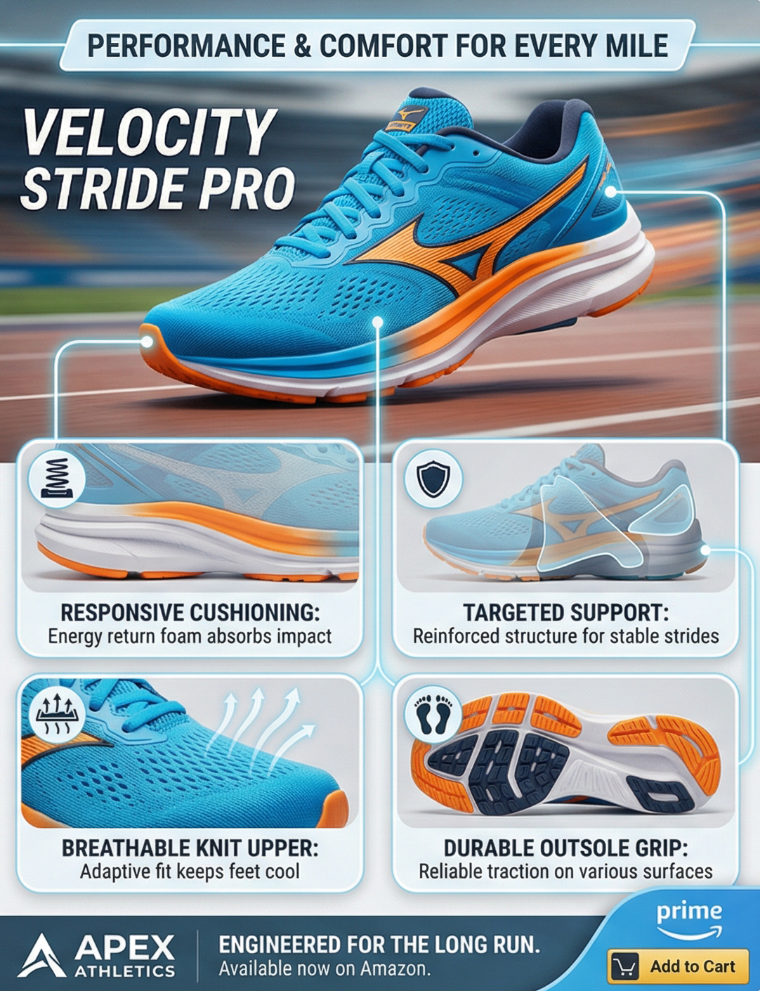 Blue and orange Velocity Stride Pro running shoe highlighting responsive cushioning, targeted support, breathable knit upper, and durable outsole grip.
