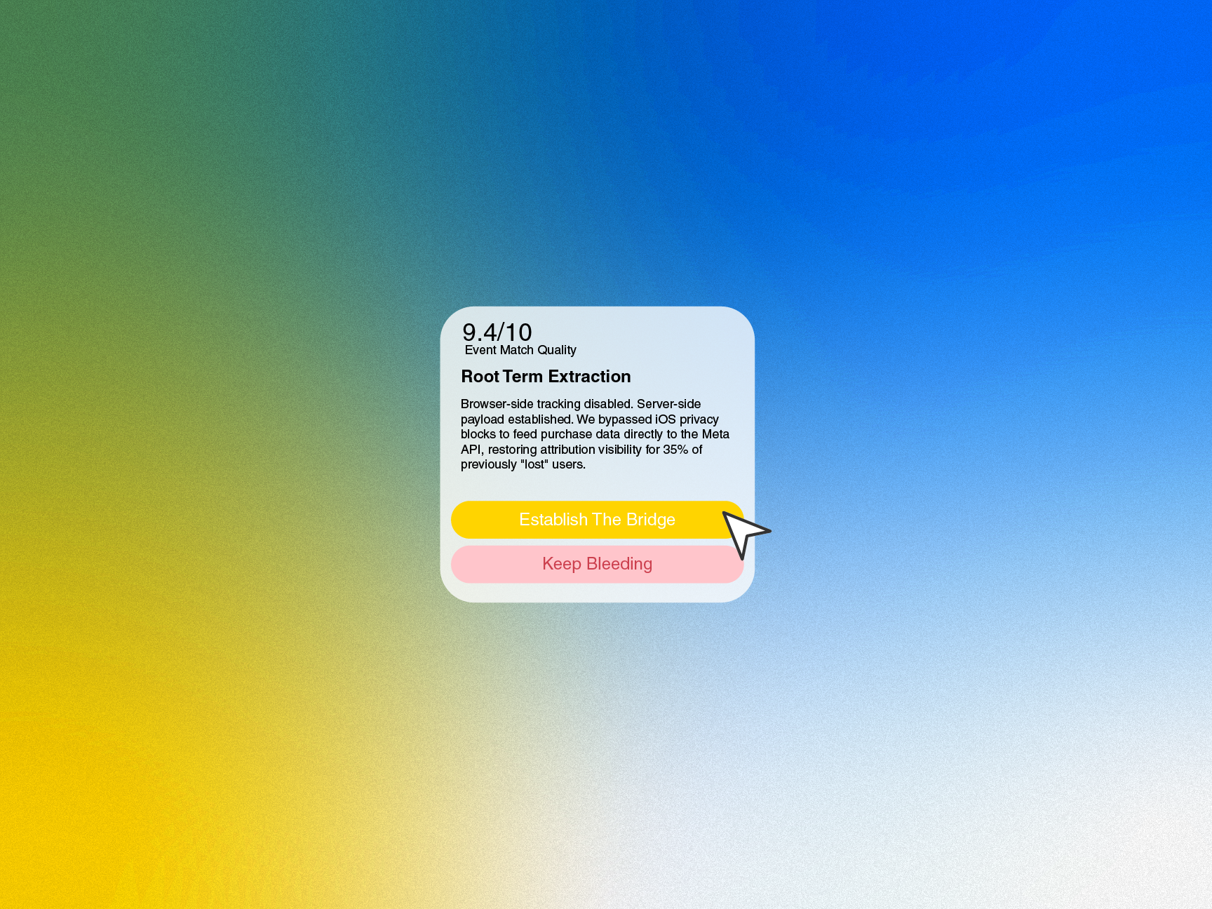 Popup showing event match quality score 9.4/10 for Root Term Extraction with description and two buttons labeled Establish The Bridge and Keep Bleeding, cursor pointing at the yellow button.