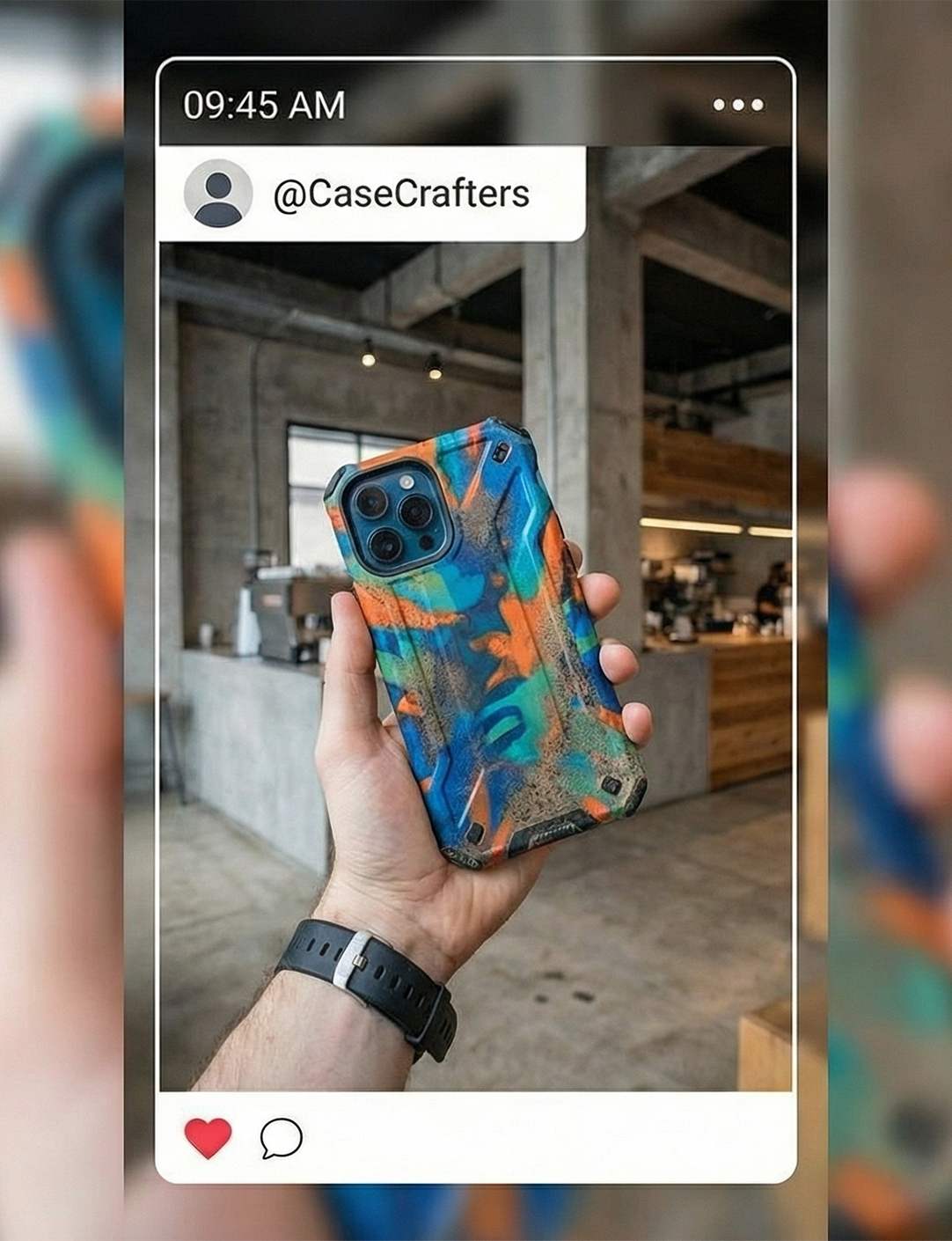 Hand holding a smartphone with a colorful blue, orange, and green protective case in a modern cafe setting.