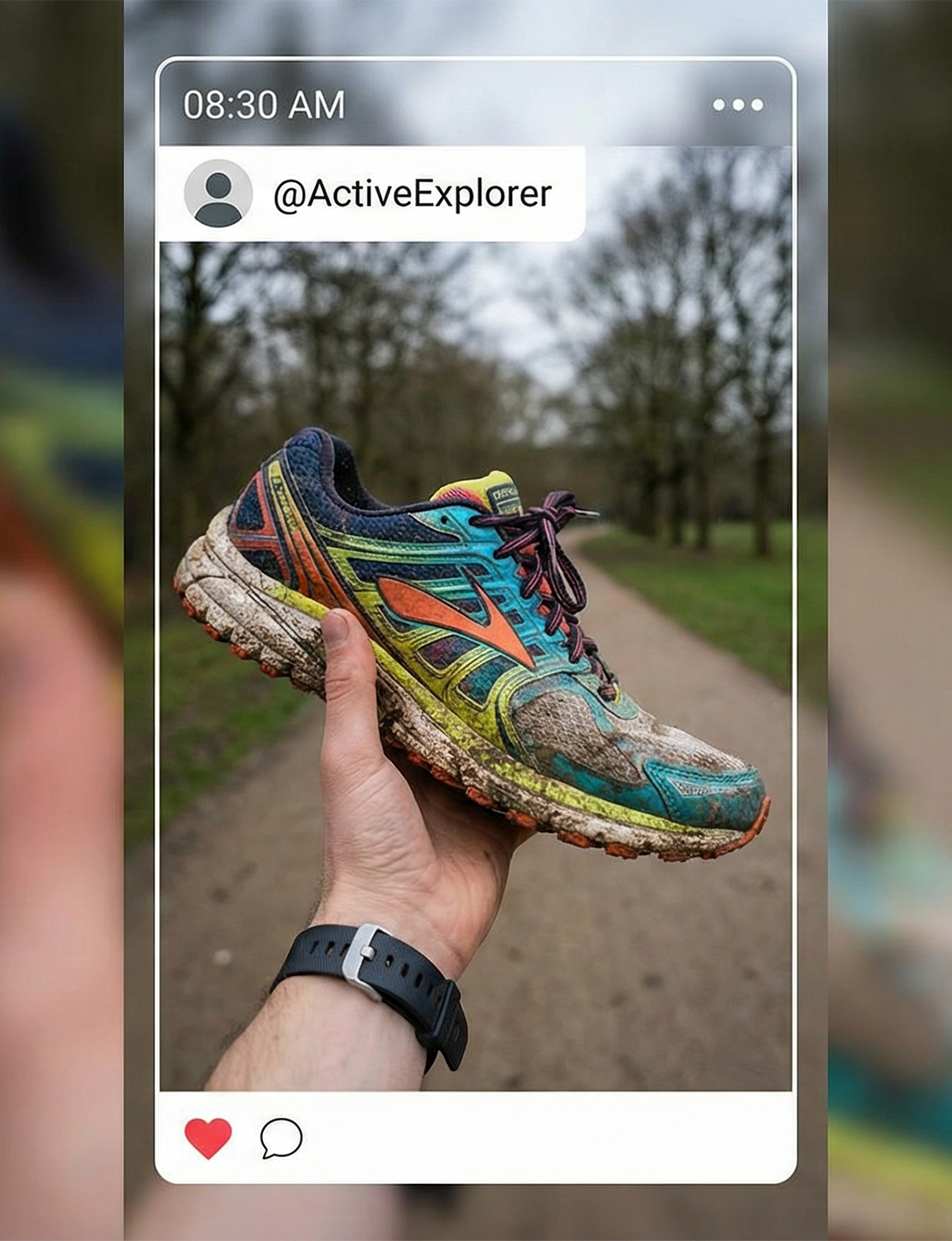 Hand holding a muddy, colorful running shoe on a dirt path with trees in the background.