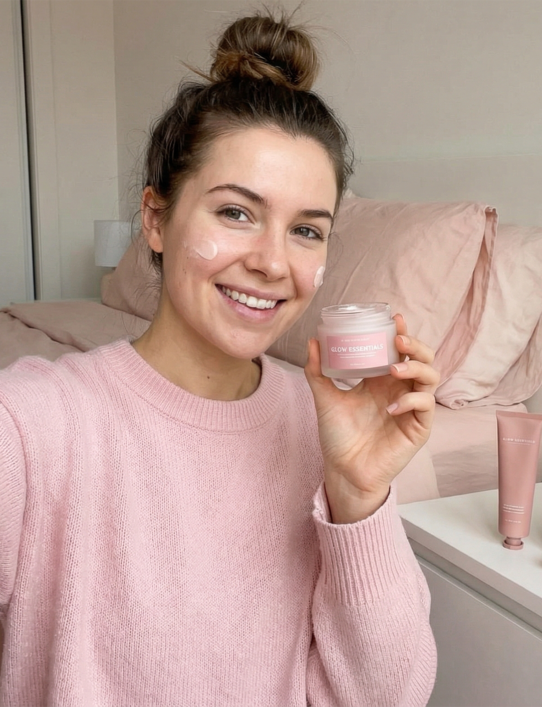 Smiling woman with hair in a bun wearing a pink sweater, applying Glow Essentials face cream with two dots on her cheeks.