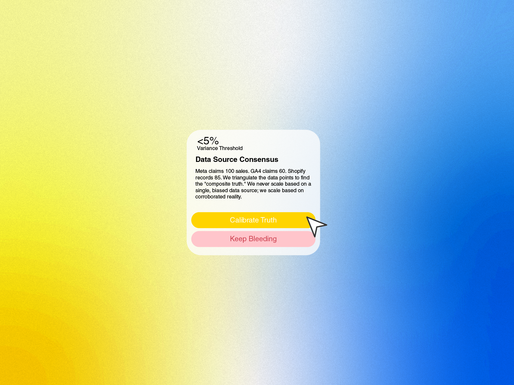 Interface showing data source consensus with a variance threshold under 5%, describing triangulation of sales data from Meta, GA4, and Shopify, with buttons labeled Calibrate Truth and Keep Bleeding.