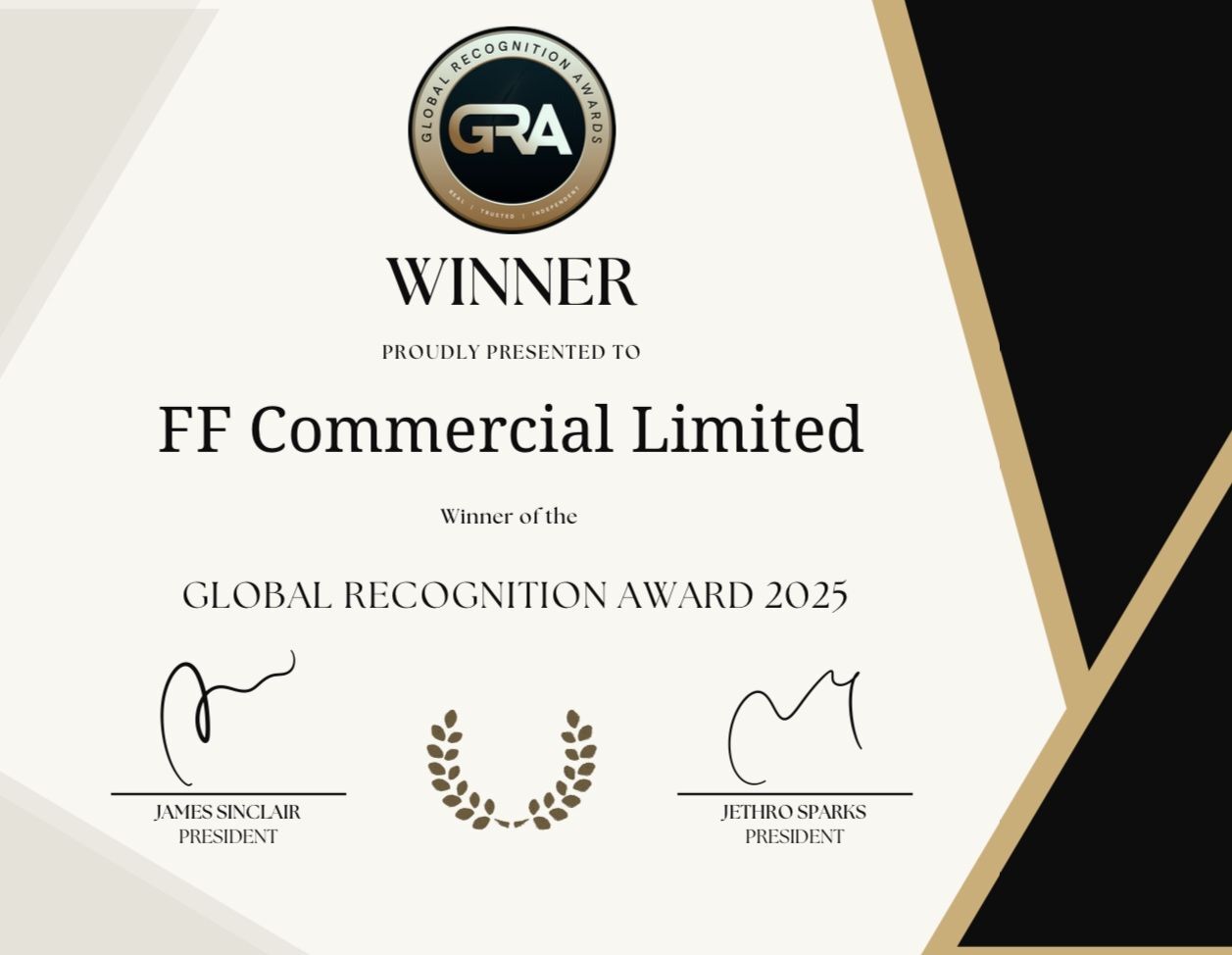 Certificate of the Global Recognition Award 2025 presented to FF Commercial Limited, signed by presidents James Sinclair and Jethro Sparks.
