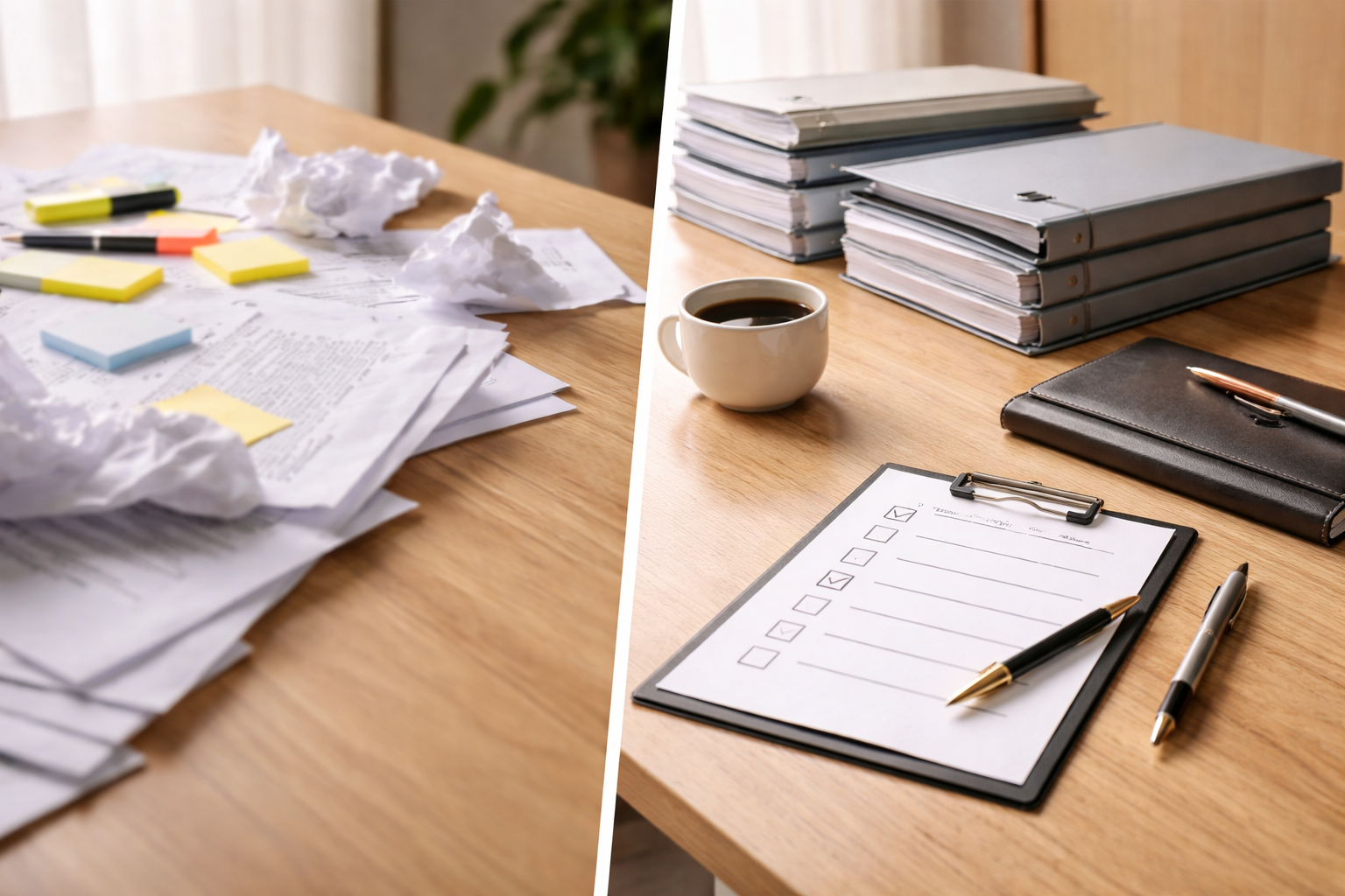 Split image showing a messy desk with crumpled papers and sticky notes on the left, and an organized desk with stacked binders, a clipboard with a checklist, pens, a notebook, and a cup of coffee on the right.
