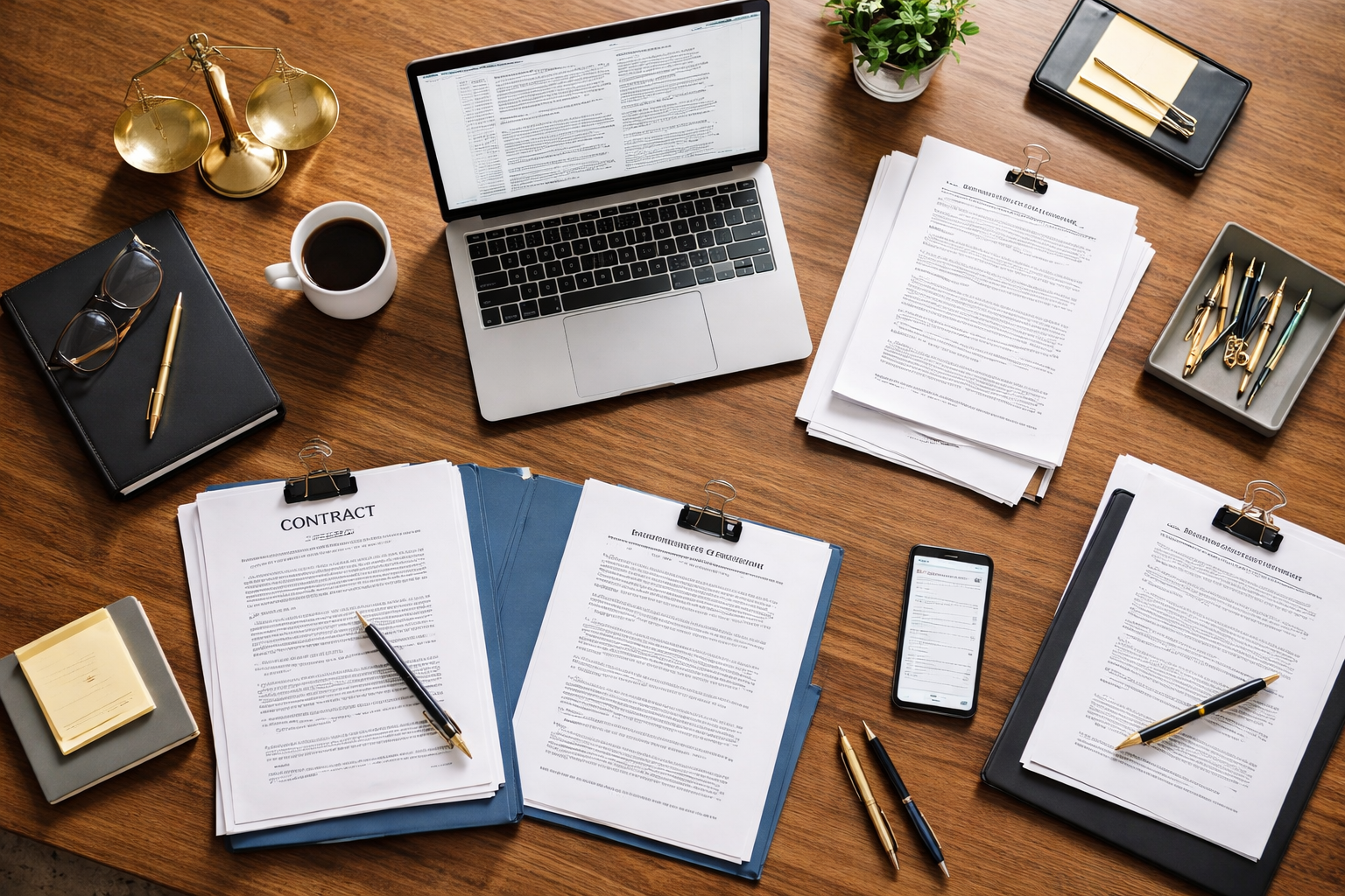 Wooden desk with a laptop, coffee cup, contracts, pens, glasses, a scale model, and a small plant arranged neatly.