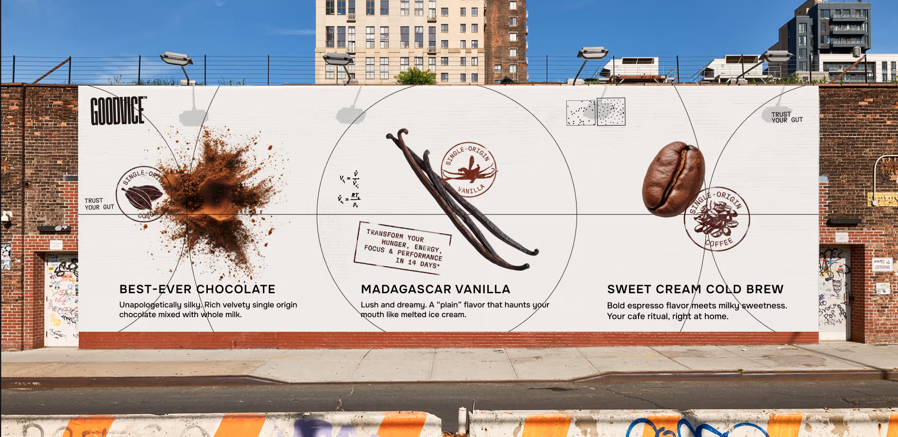 Out of Home campaign for Goodvice, showcasing their products: Best-ever Chocolate, Madagascar Vanilla, Sweet Cream Cold Brew